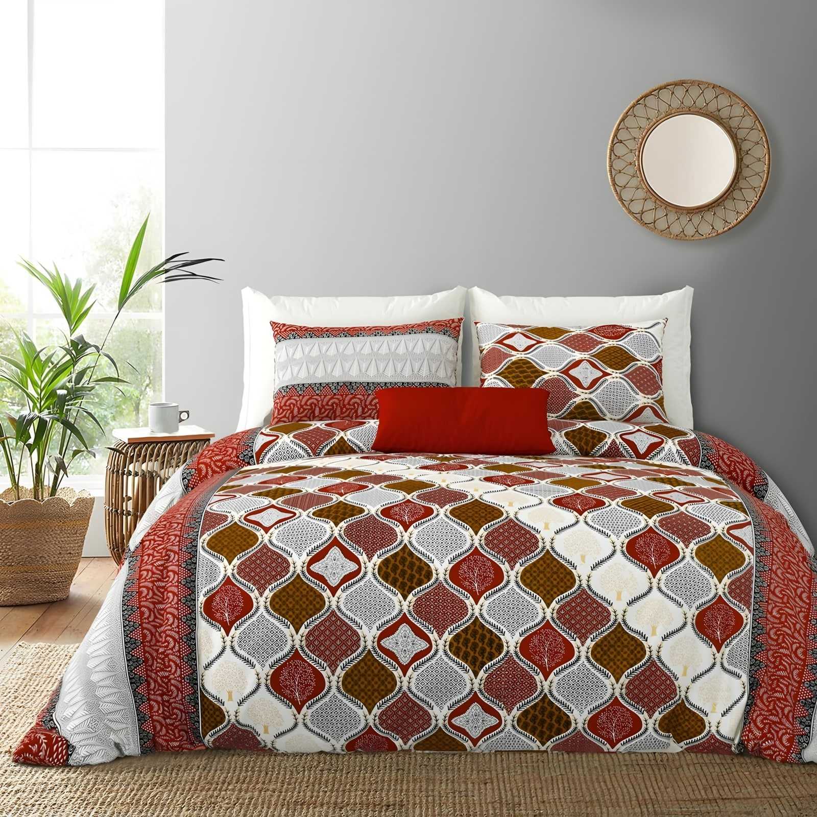 Rozee Lantern Ogee Cotton Bedsheet Set in Rust & red (RZ-24) on a made bed