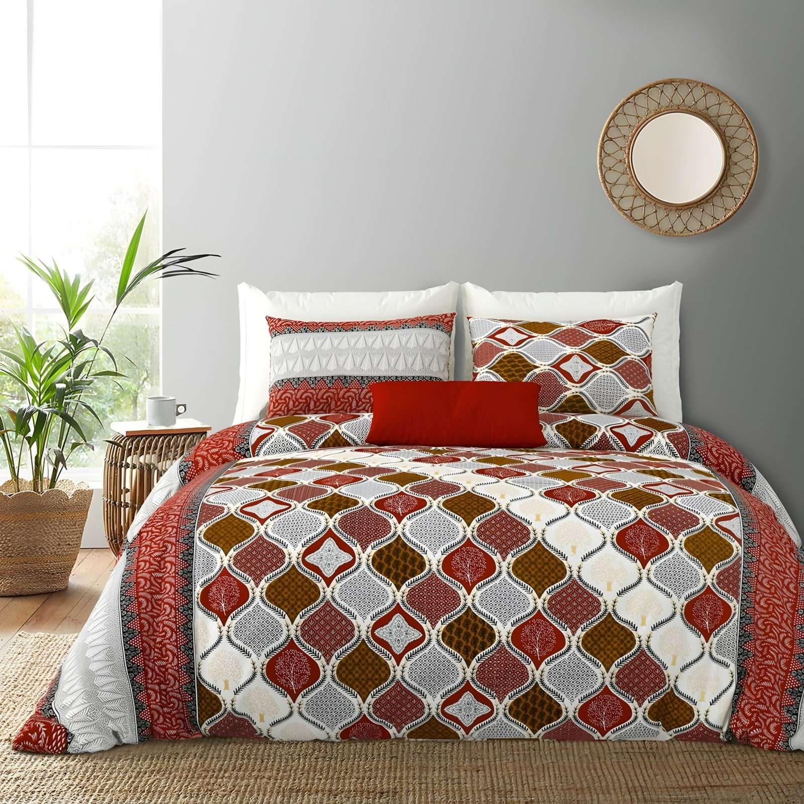 Rozee Lantern Ogee Cotton Bedsheet Set in Rust & red (RZ-24) on a made bed