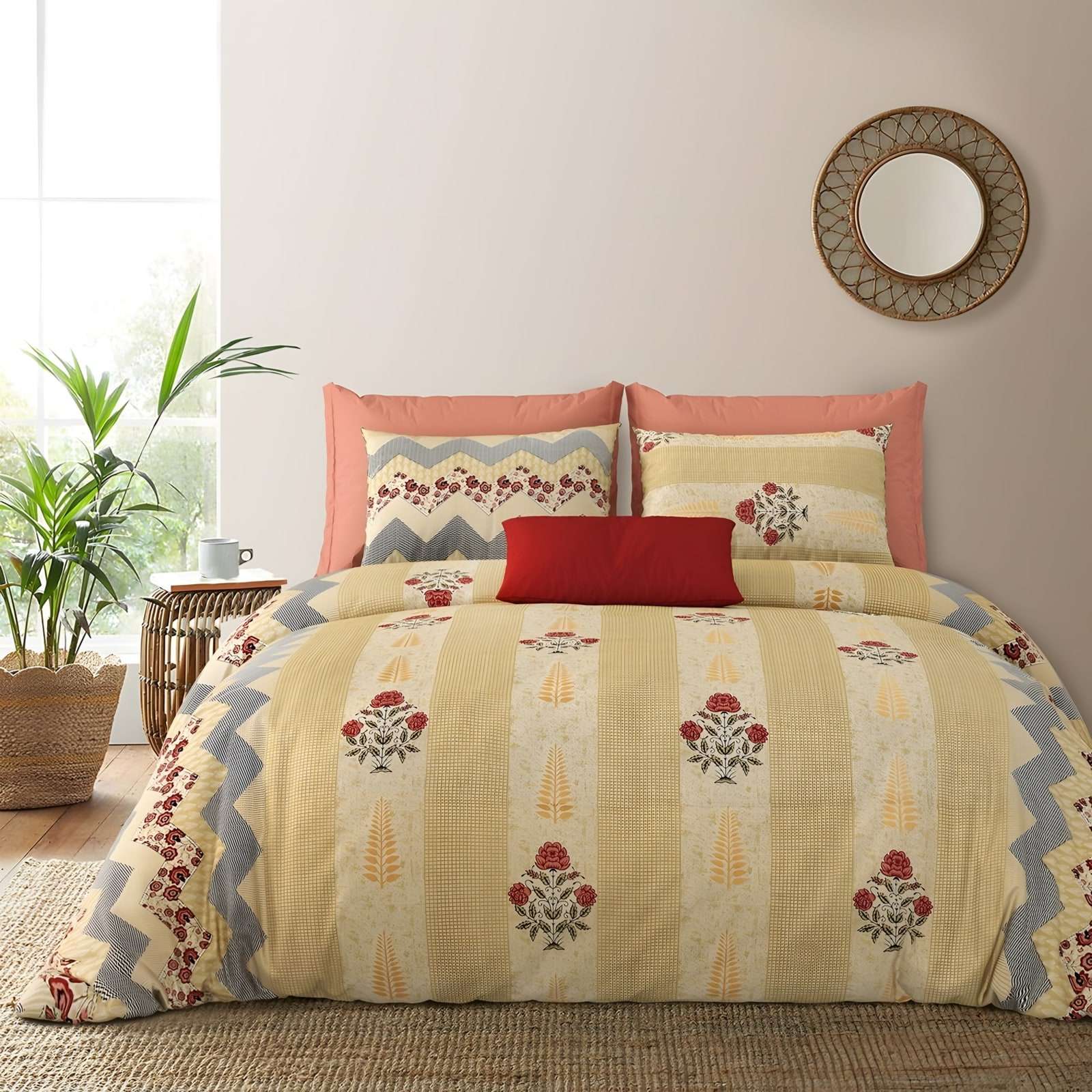 Rozee Floral Stripe Cotton Bedsheet Set in Yellow (RZ-31) on a made bed