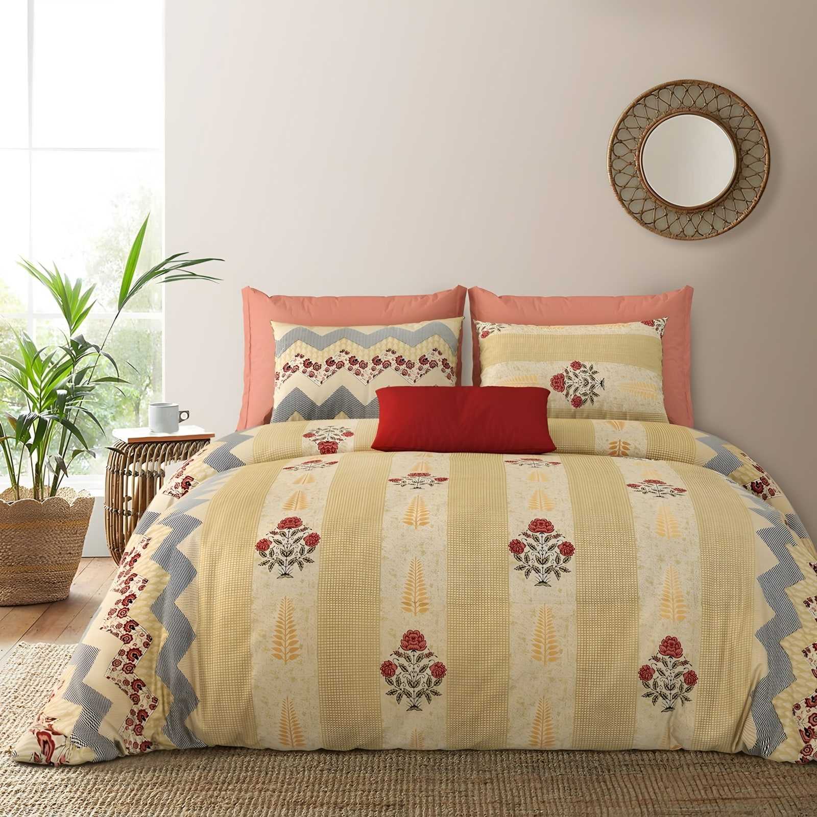 Rozee Floral Stripe Cotton Bedsheet Set in Yellow (RZ-31) on a made bed
