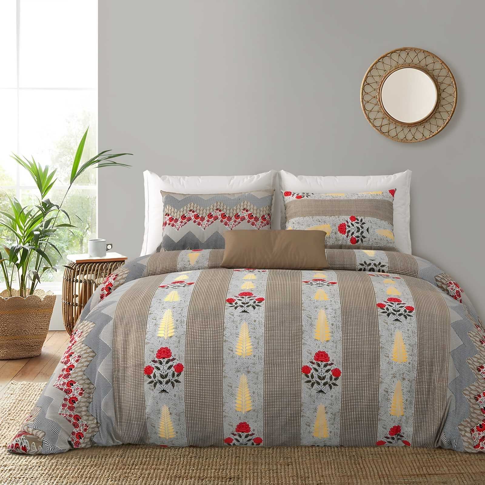 Rozee Floral Stripe Cotton Bedsheet Set in Taupe (RZ-32) on a made bed