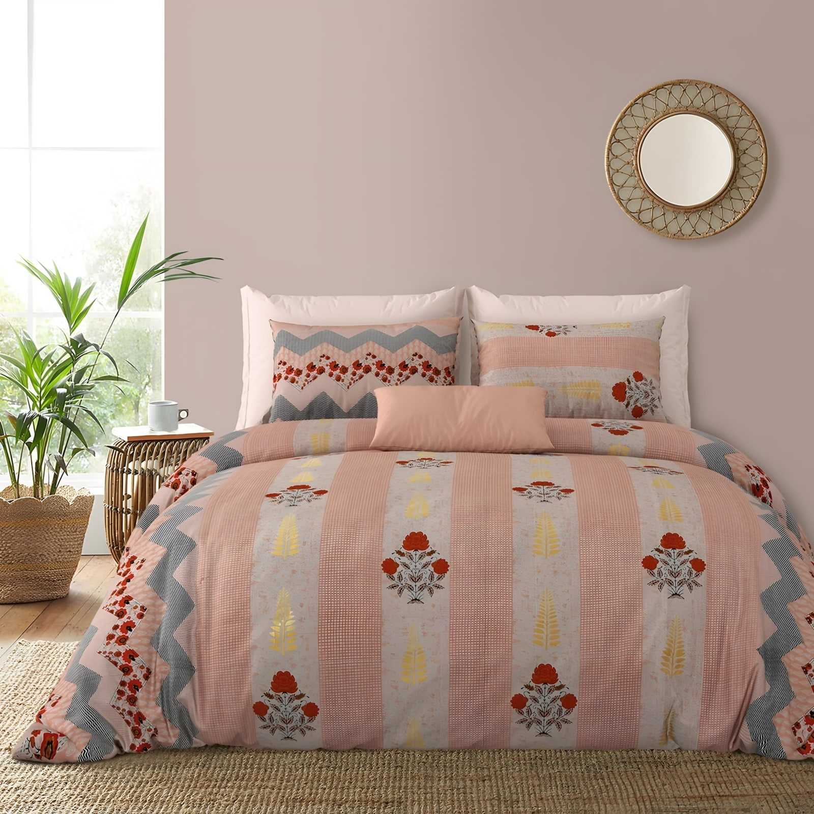 Rozee Floral Stripe Cotton Bedsheet Set in Peach (RZ-33) on a made bed