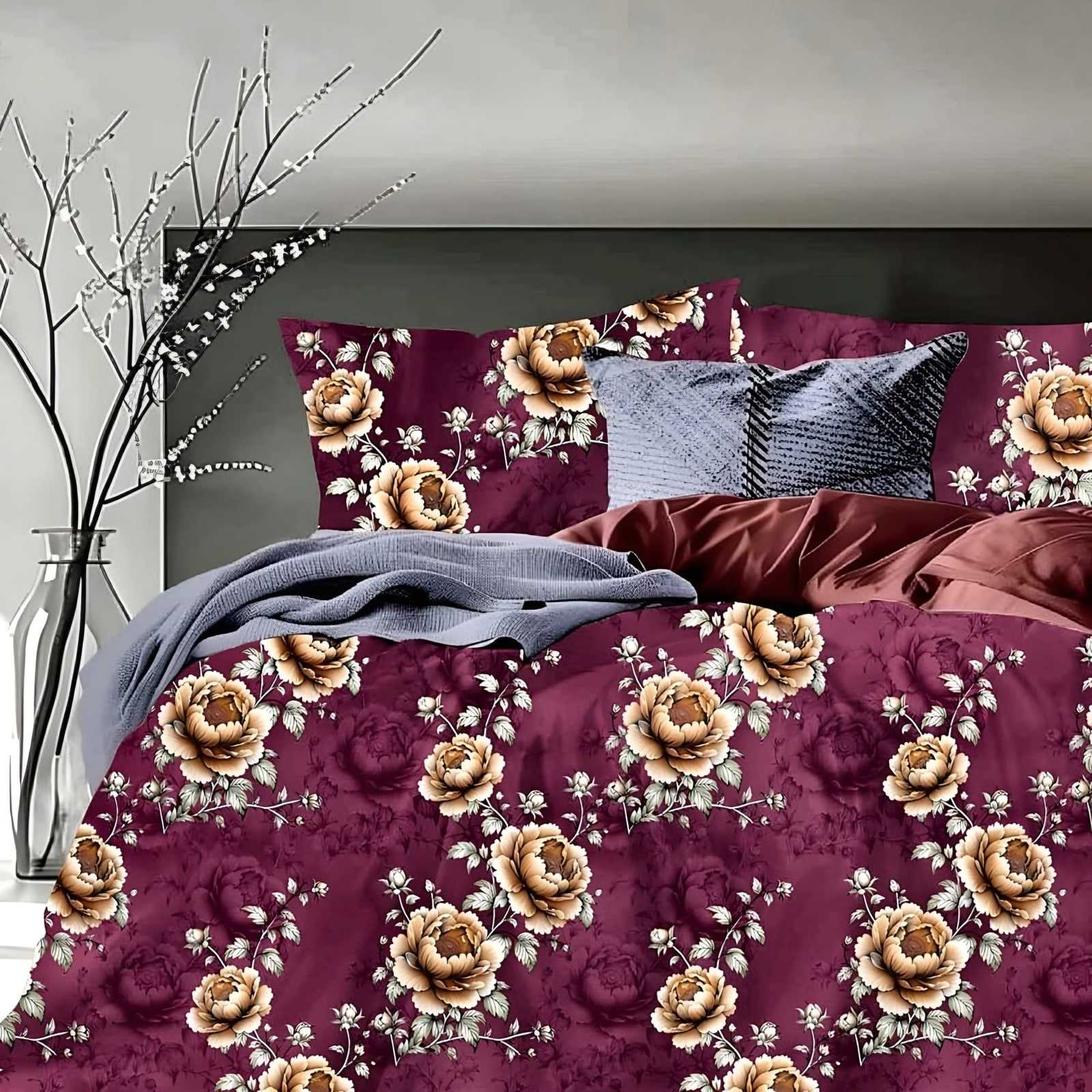 Samriddhi Royal Rose Glace Cotton Bedsheet Set in Wine (SM-02) on a made bed