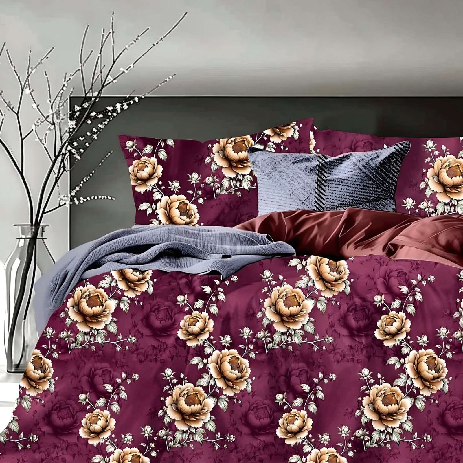 Samriddhi Royal Rose Glace Cotton Bedsheet Set in Wine (SM-02) on a made bed