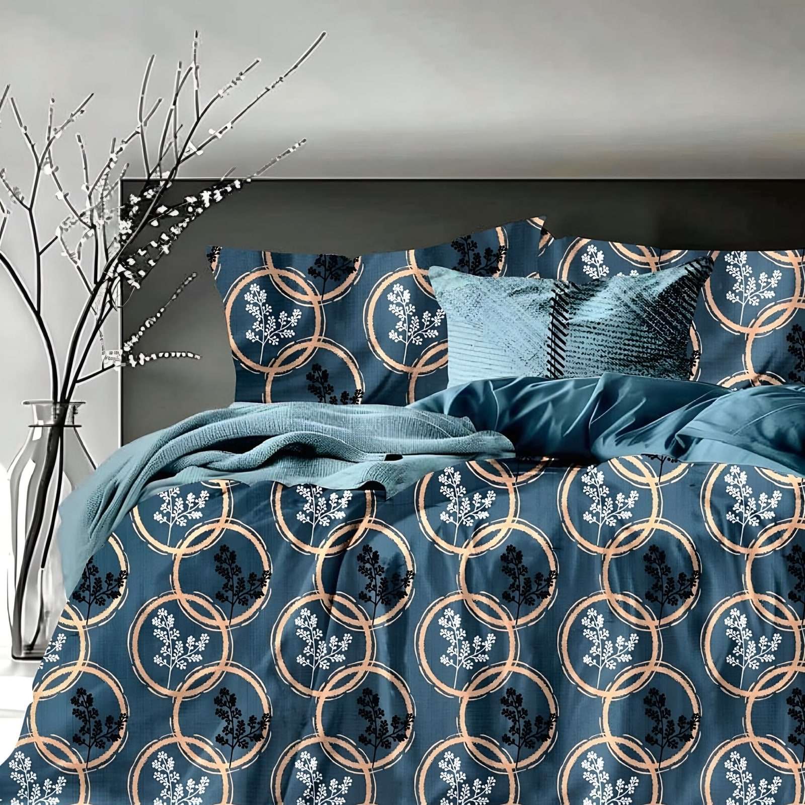 Samriddhi Ring Vine Glace Cotton Bedsheet Set in Teal (SM-03) on a made bed