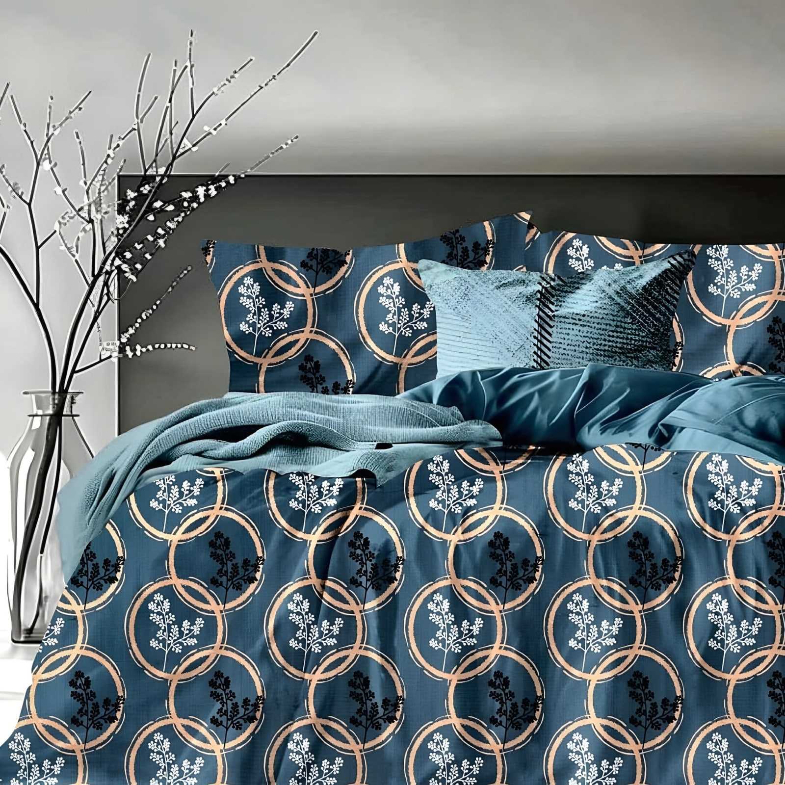 Samriddhi Ring Vine Glace Cotton Bedsheet Set in Teal (SM-03) on a made bed