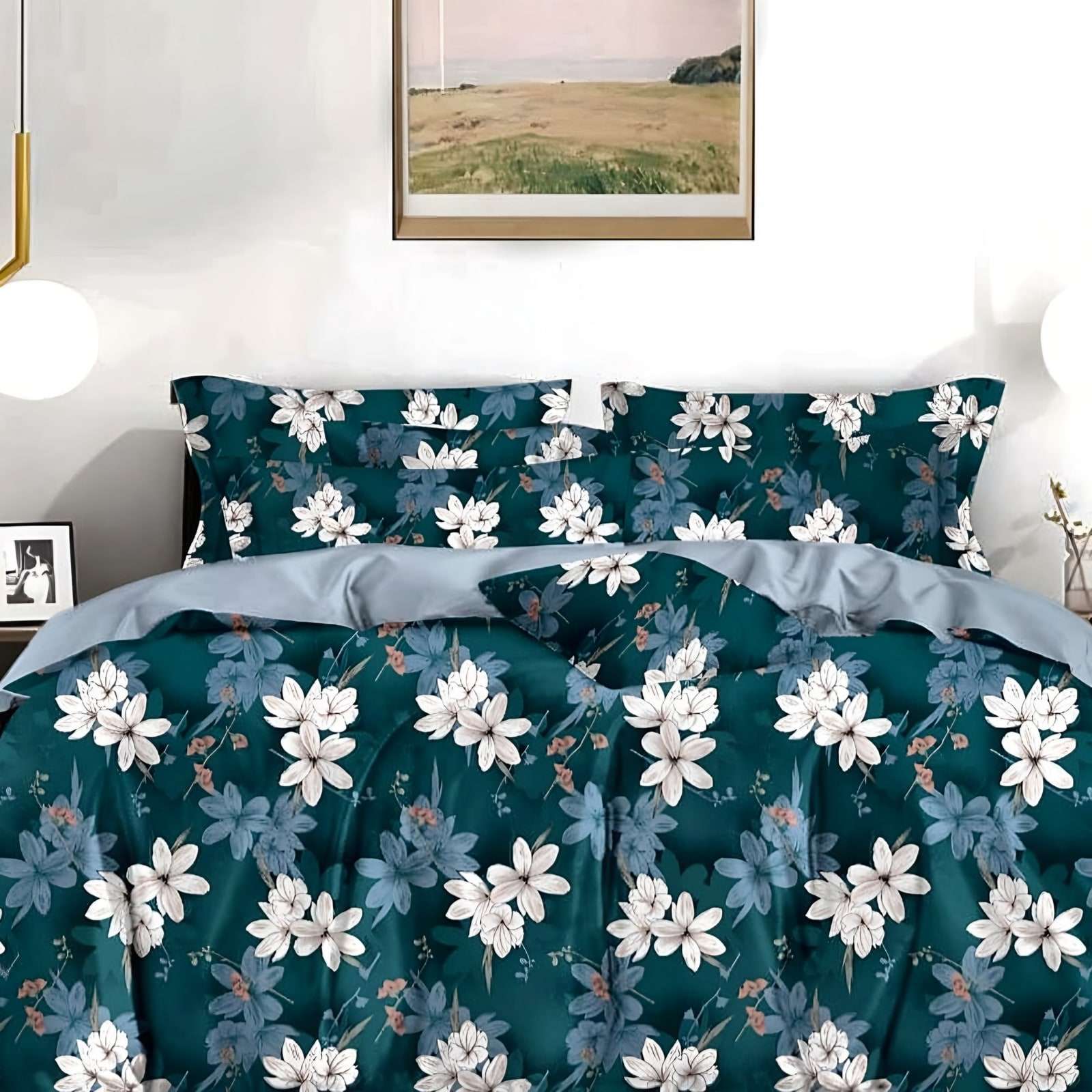 Samriddhi Lily Garden Glace Cotton Bedsheet Set in Peacock teal (SM-04) on a made bed