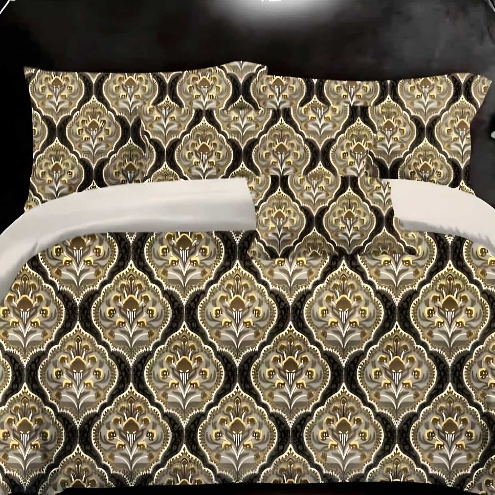 Samriddhi Golden Damask Glace Cotton Bedsheet Set in Gold & black (SM-05) on a made bed