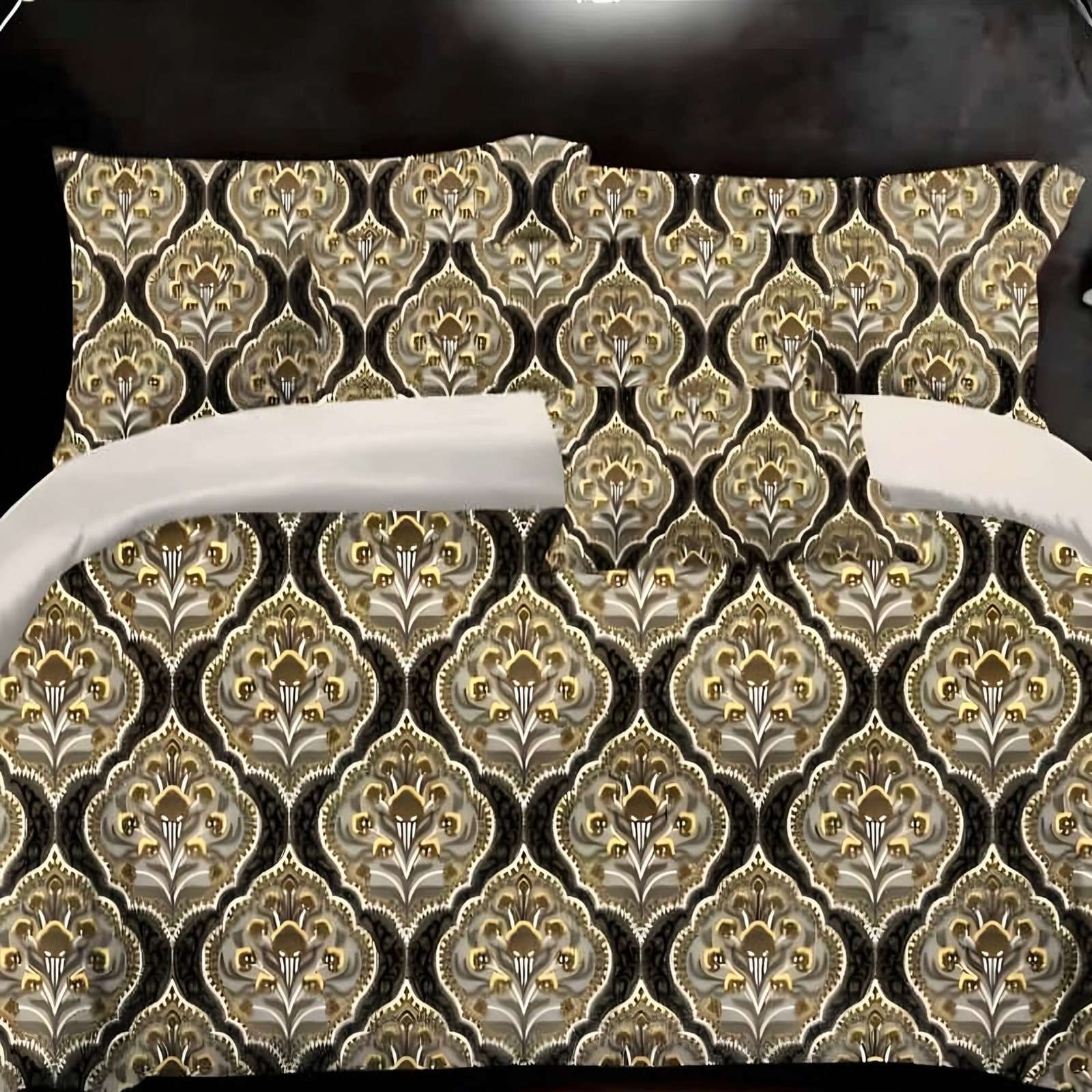 Samriddhi Golden Damask Glace Cotton Bedsheet Set in Gold & black (SM-05) on a made bed