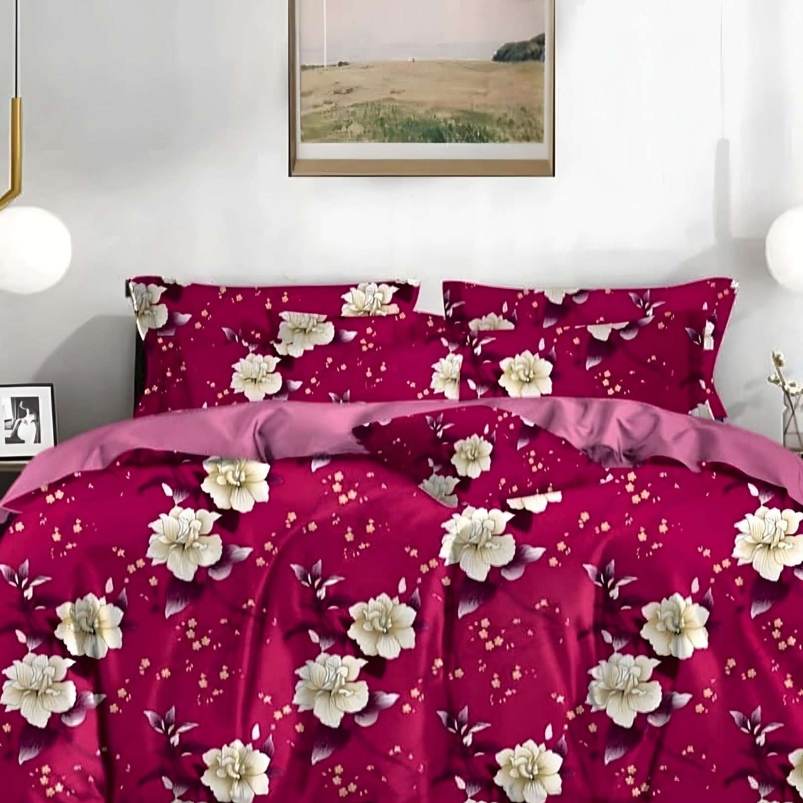 Samriddhi Magenta Bloom Glace Cotton Bedsheet Set in Magenta (SM-07) on a made bed