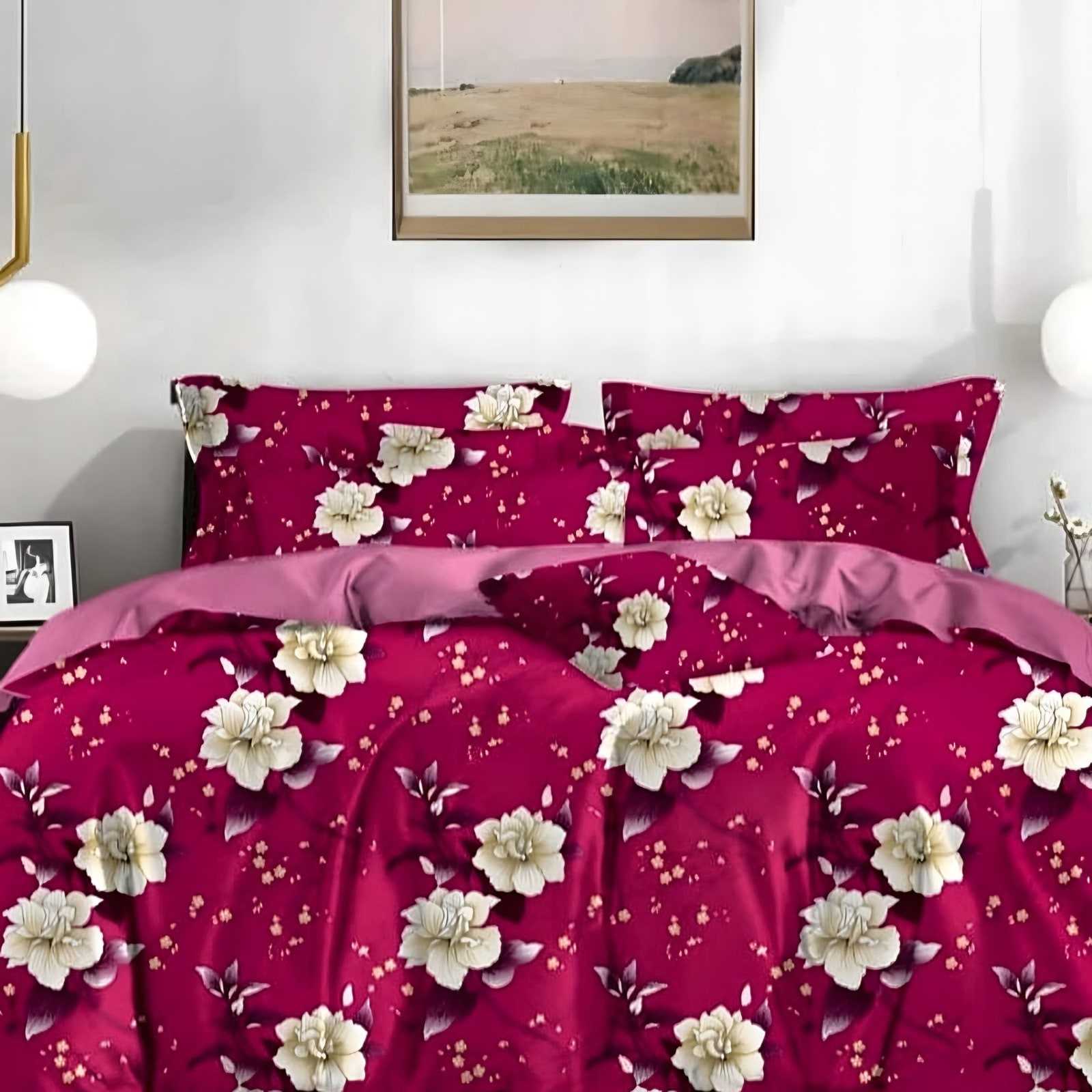 Samriddhi Magenta Bloom Glace Cotton Bedsheet Set in Magenta (SM-07) on a made bed