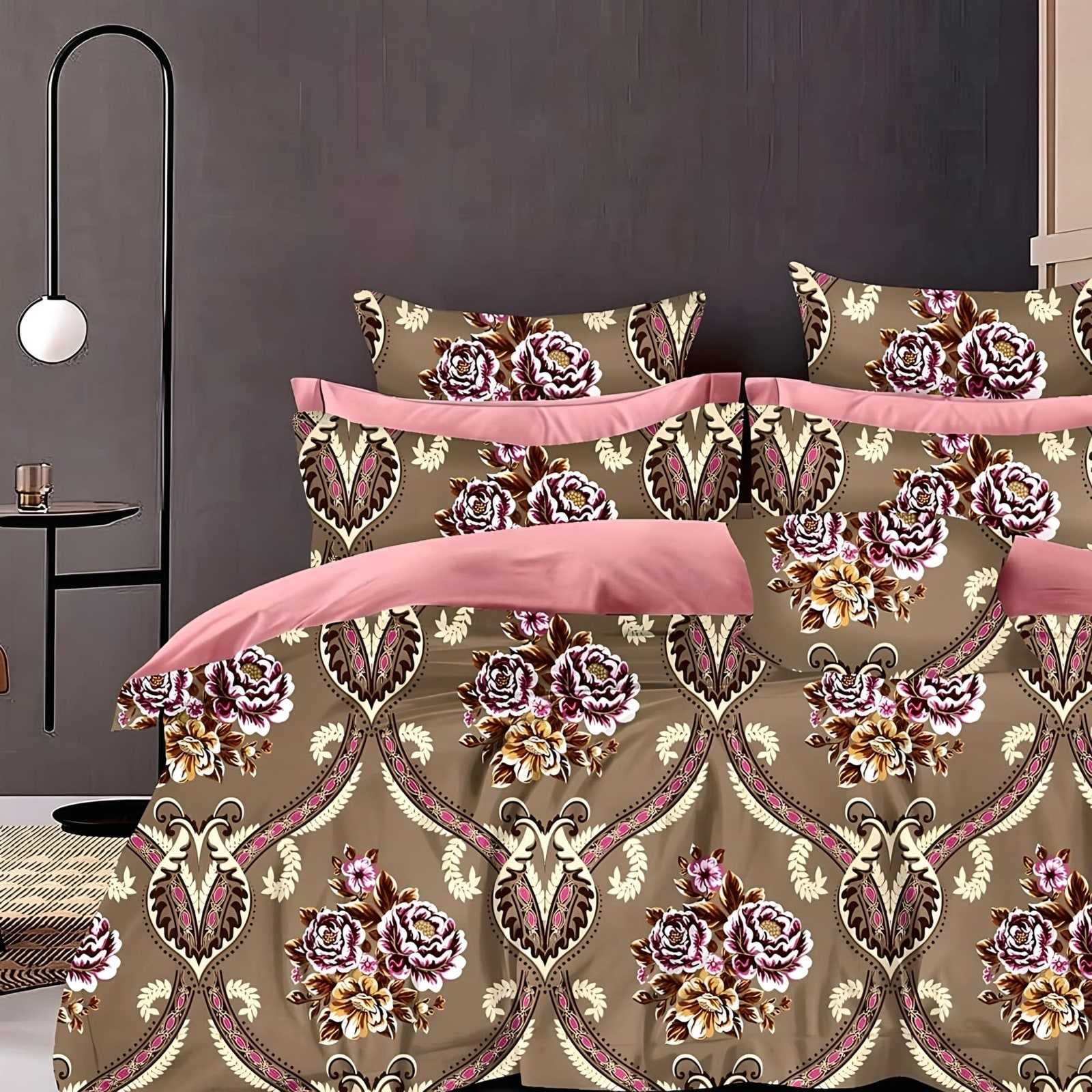 Samriddhi Ogee Bouquet Glace Cotton Bedsheet Set in Taupe (SM-10) on a made bed