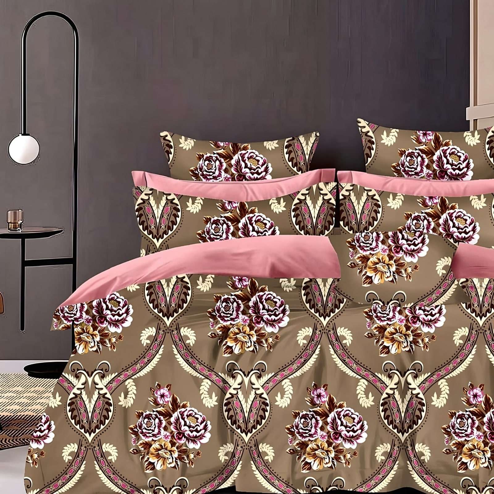 Samriddhi Ogee Bouquet Glace Cotton Bedsheet Set in Taupe (SM-10) on a made bed