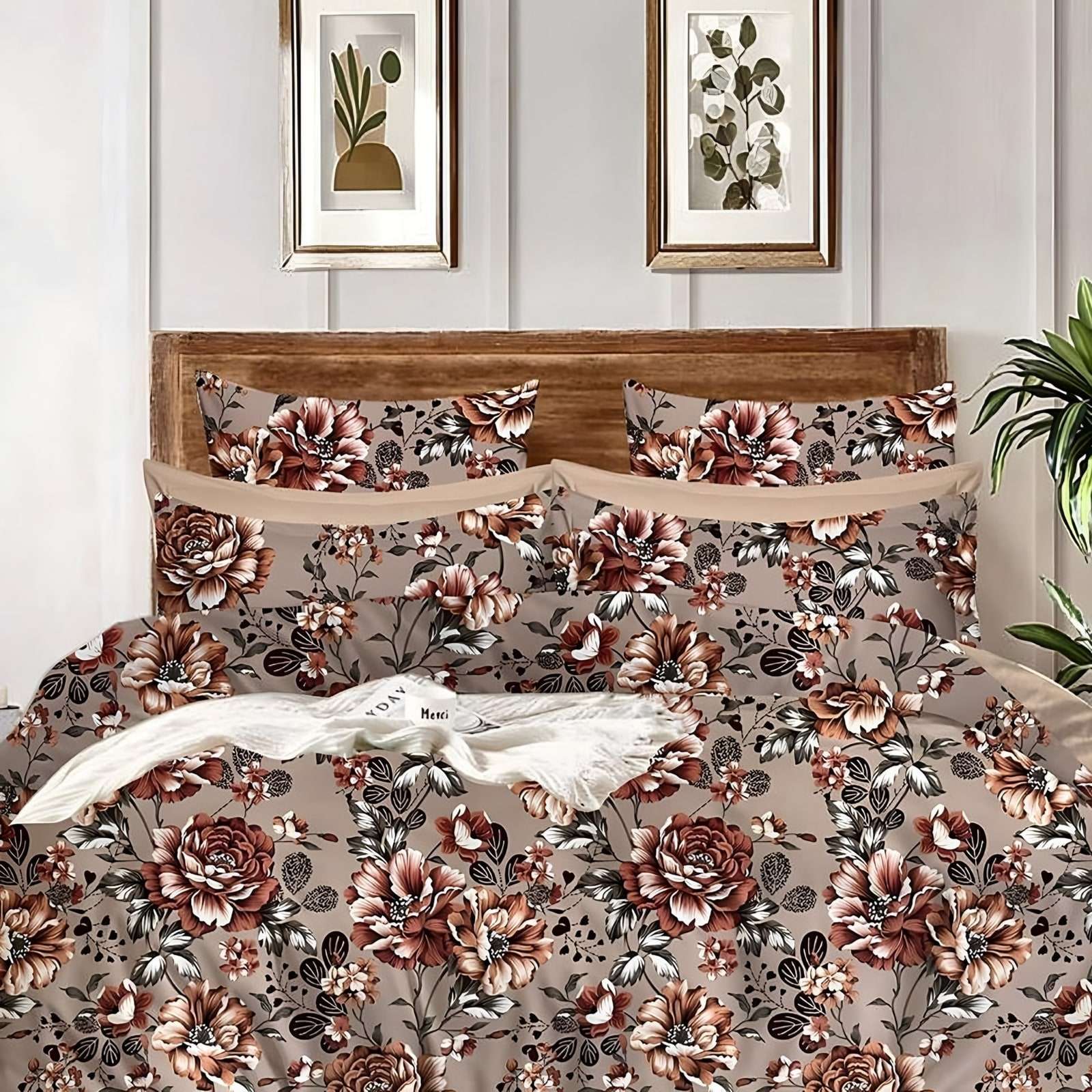 Samriddhi Rose Garden Glace Cotton Bedsheet Set in Beige & copper (SM-15) on a made bed