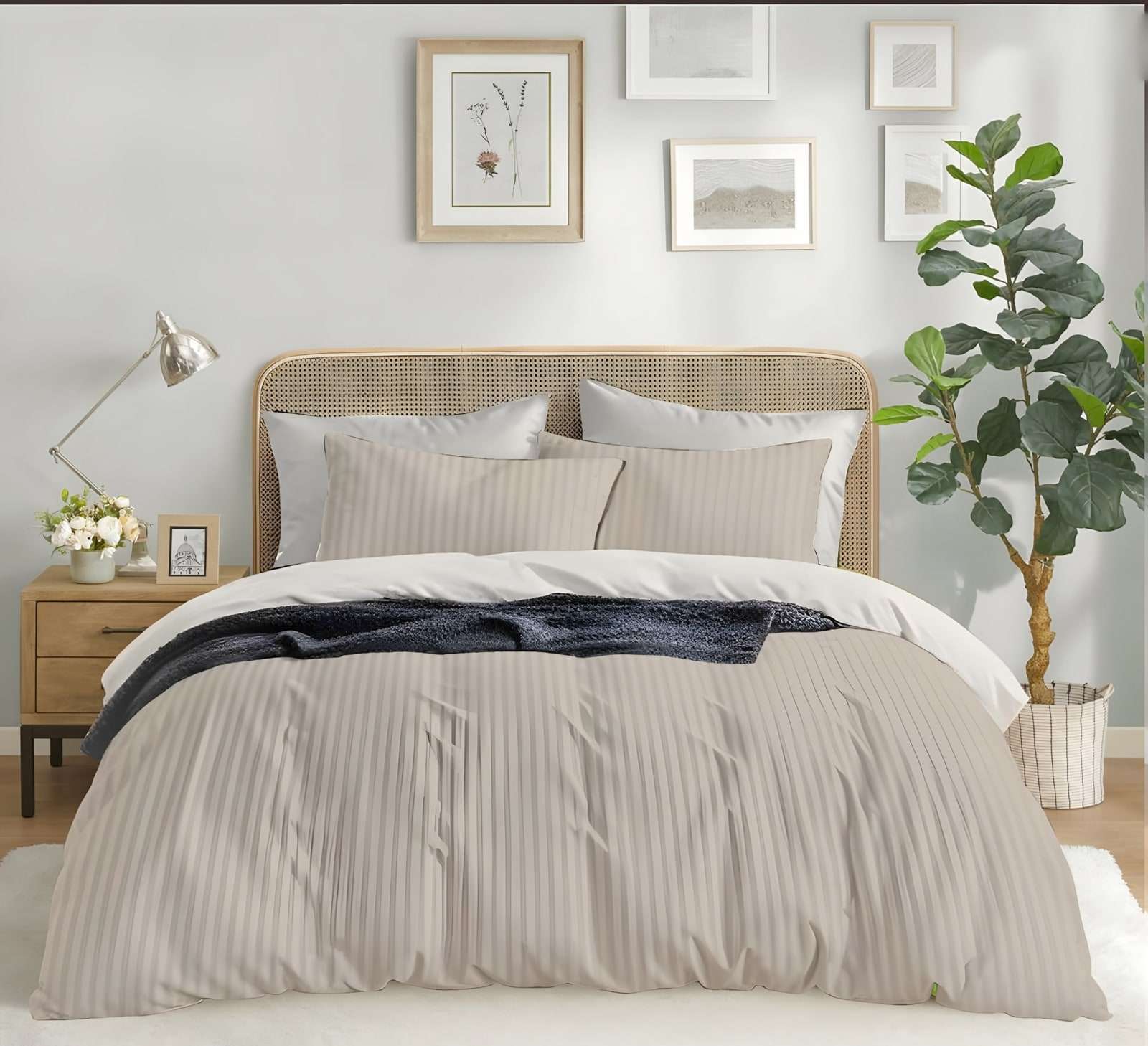 Satin stripe bedsheet set in Camel (ST-01) on a made bed in a bright bedroom