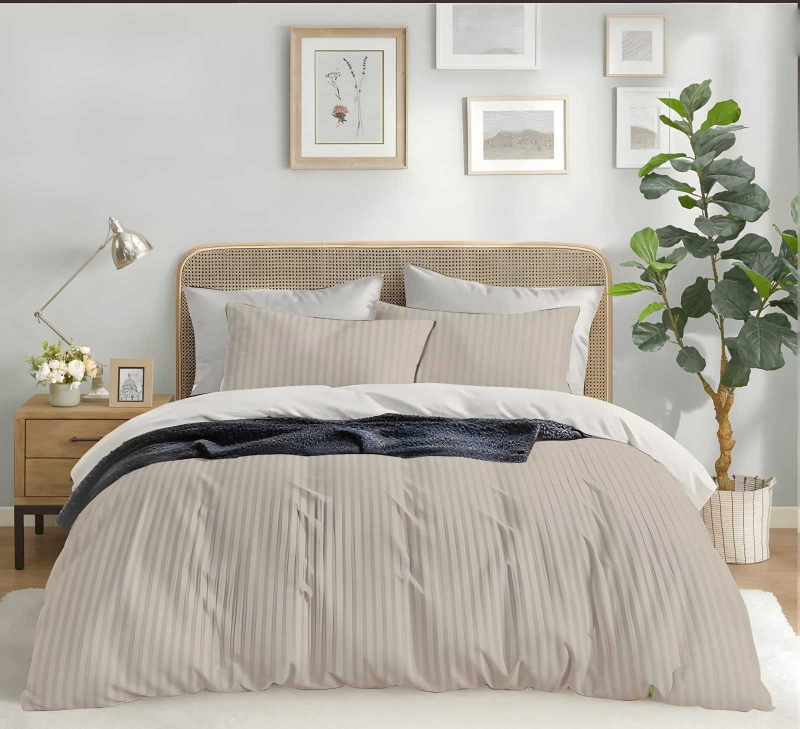 Satin stripe bedsheet set in Camel (ST-01) on a made bed in a bright bedroom