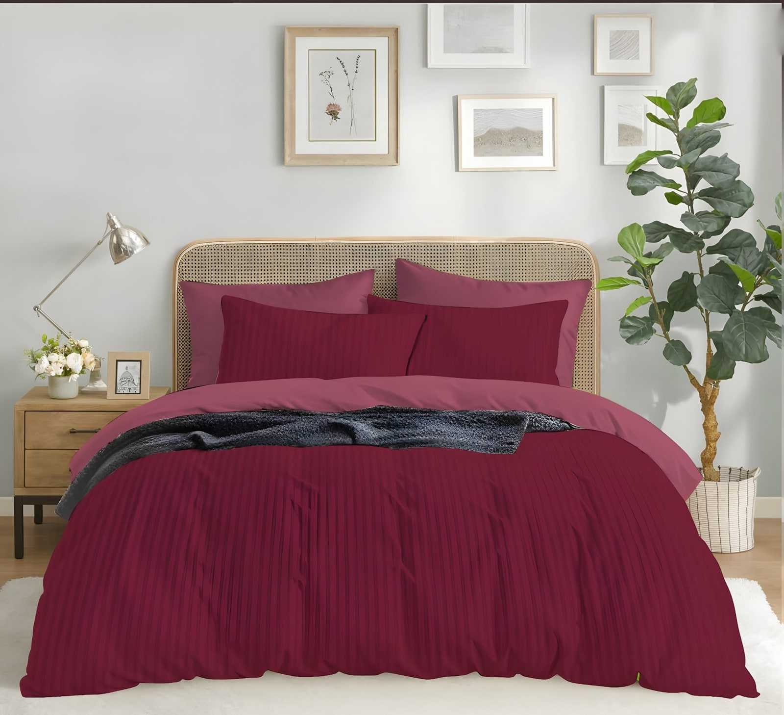 Satin stripe bedsheet set in Maroon (ST-03) on a made bed in a bright bedroom