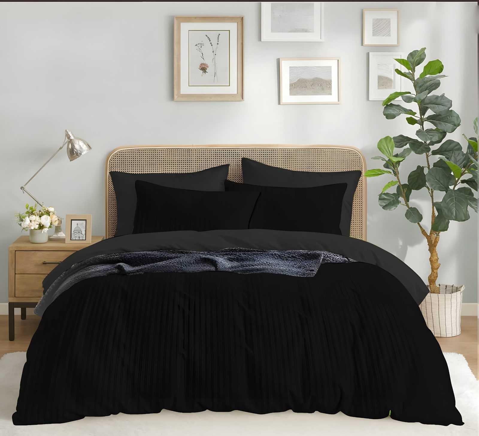 Satin stripe bedsheet set in Black (ST-04) on a made bed in a bright bedroom