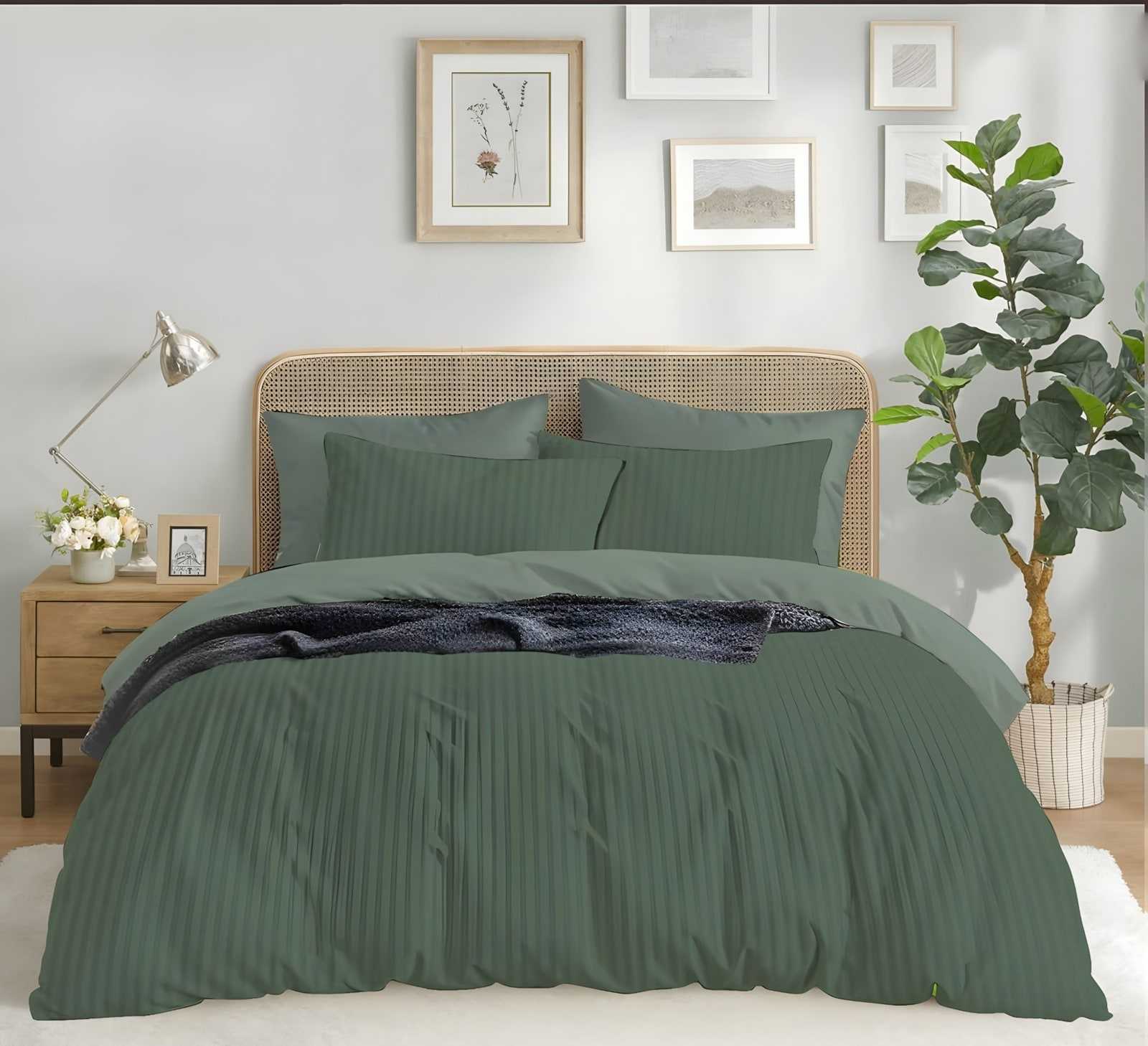 Satin stripe bedsheet set in D. Green (ST-07) on a made bed in a bright bedroom