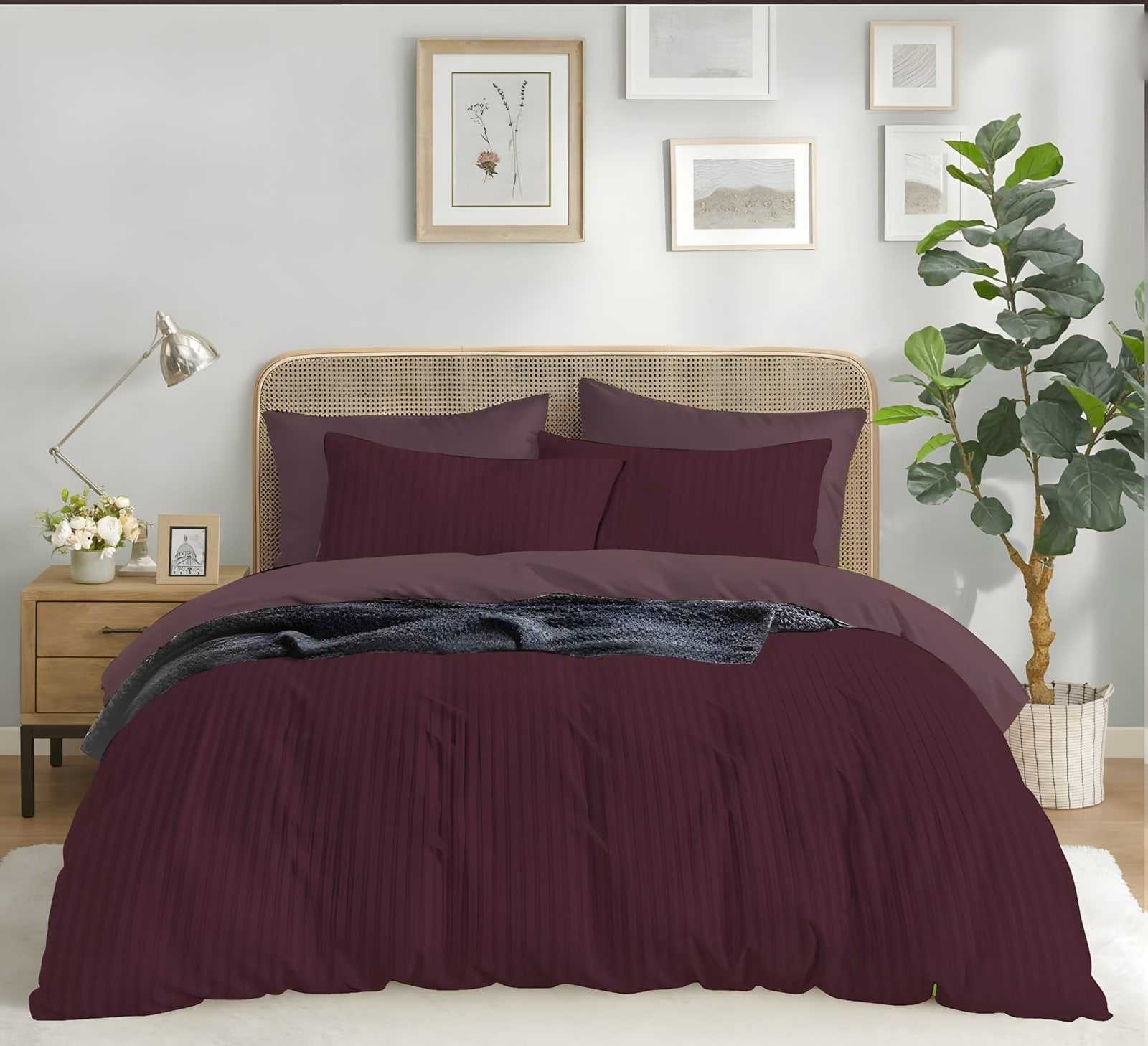 Satin stripe bedsheet set in Coffee (ST-09) on a made bed in a bright bedroom