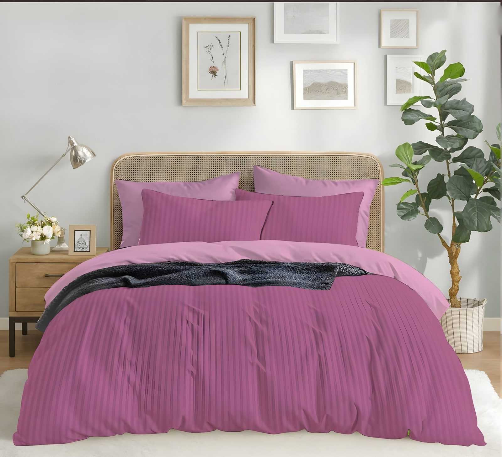 Satin stripe bedsheet set in Gajri (ST-10) on a made bed in a bright bedroom
