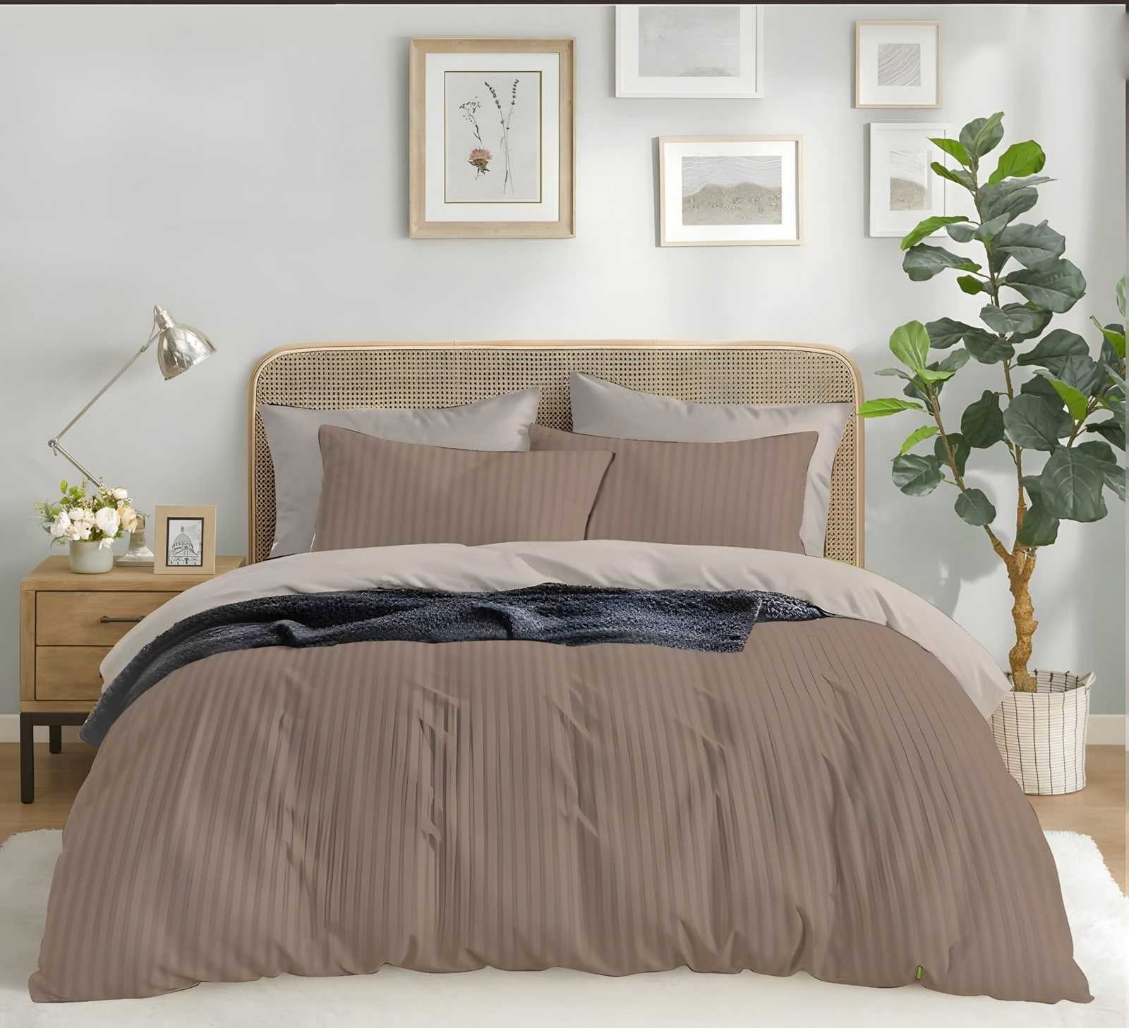 Satin stripe bedsheet set in Khaki (ST-11) on a made bed in a bright bedroom