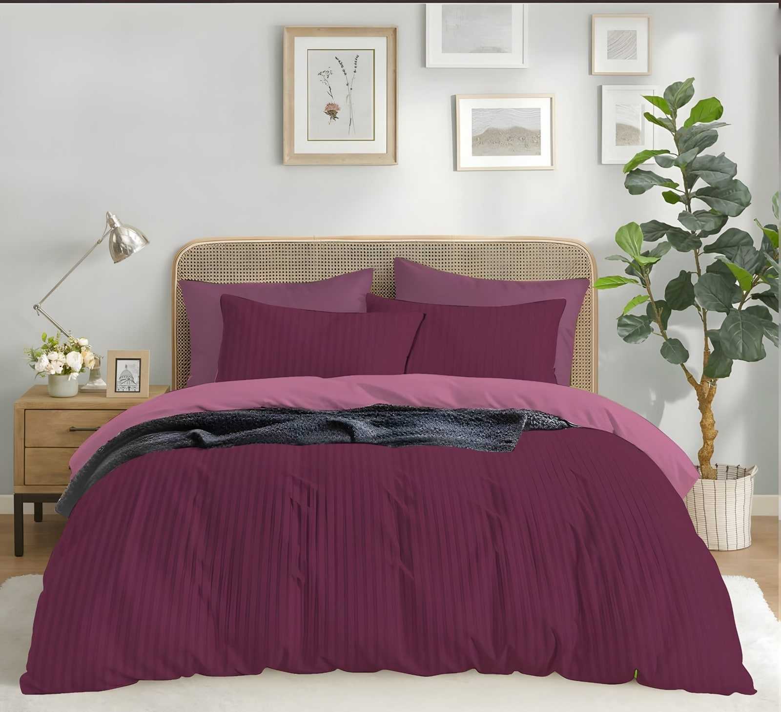 Satin stripe bedsheet set in Wine (ST-14) on a made bed in a bright bedroom