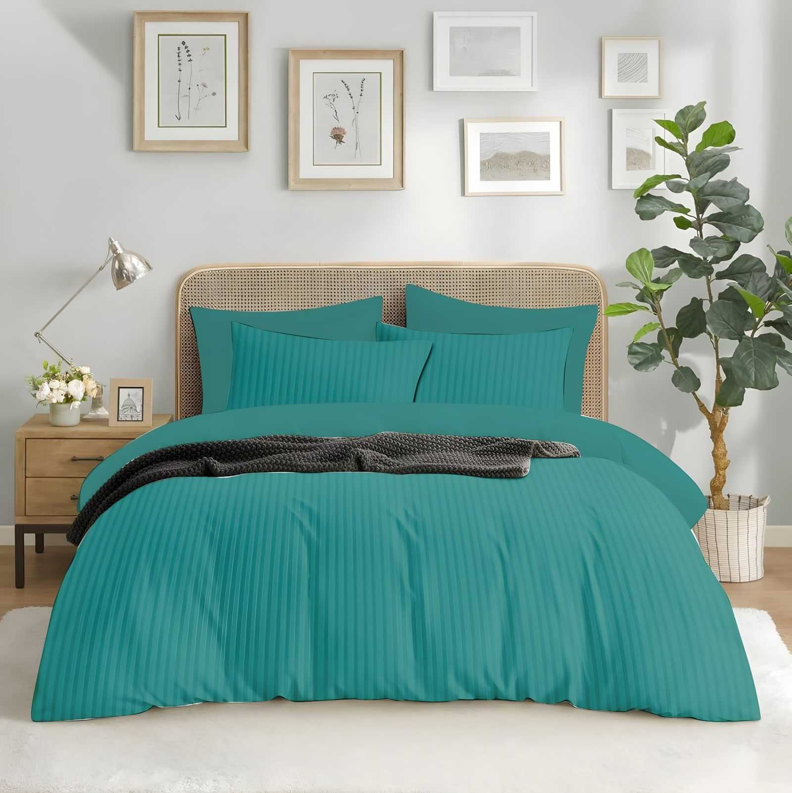 Satin stripe bedsheet set in Doctor Green (ST-15) on a made bed in a bright bedroom