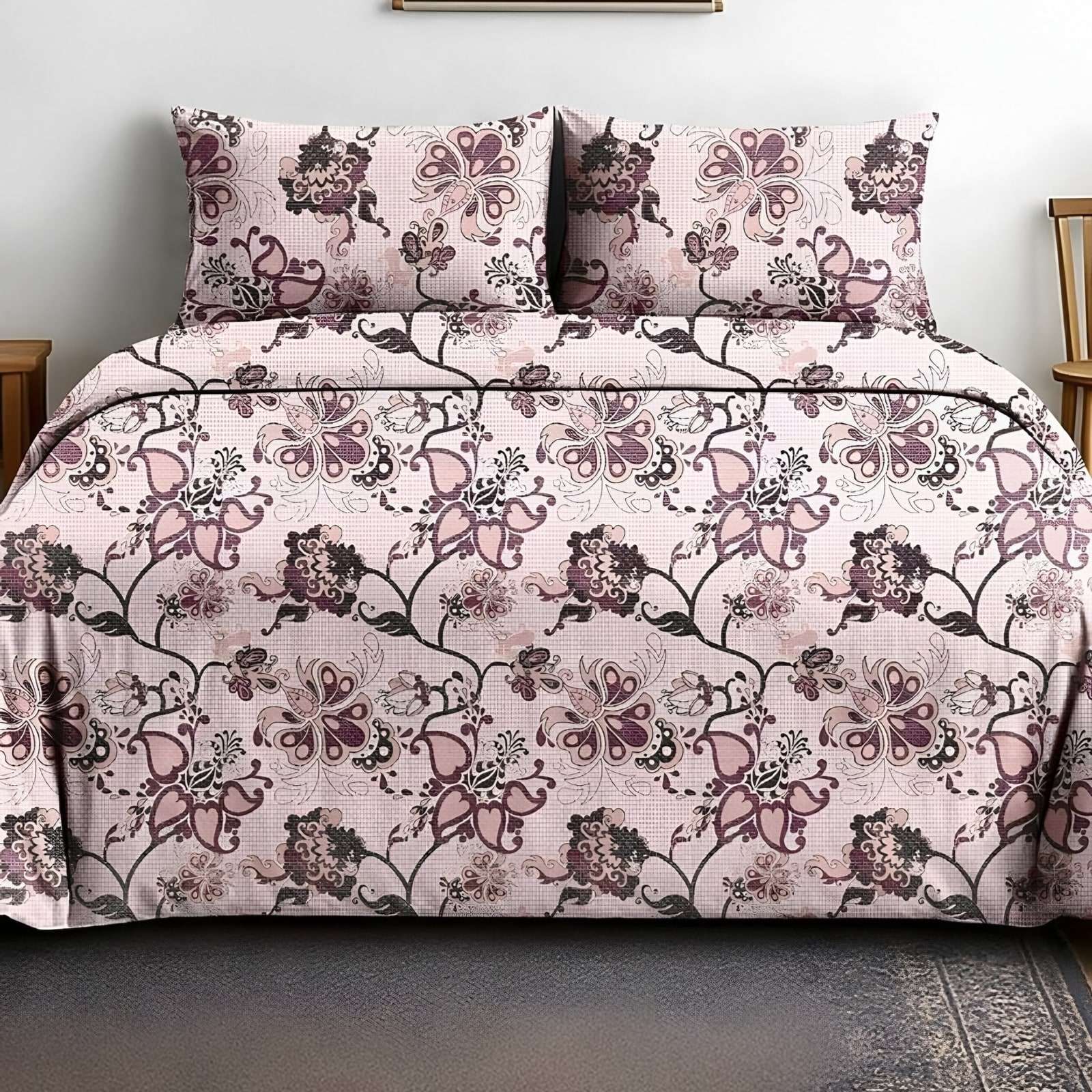 Victoria Jacobean Vine Bedsheet Set in Pink (VC-01) on a made bed