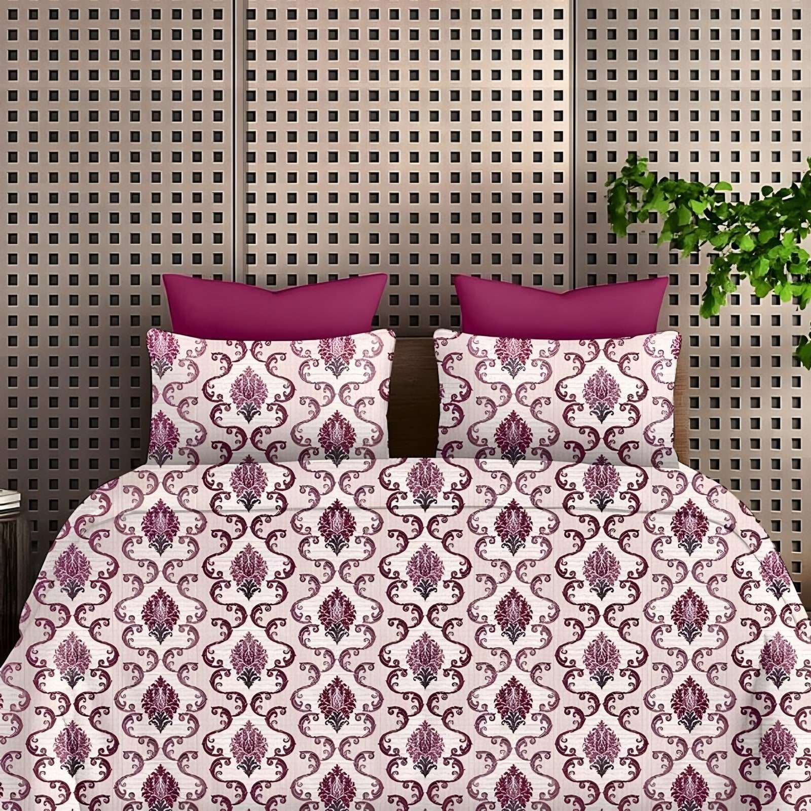 Victoria Ogee Damask Bedsheet Set in Pink (VC-02) on a made bed