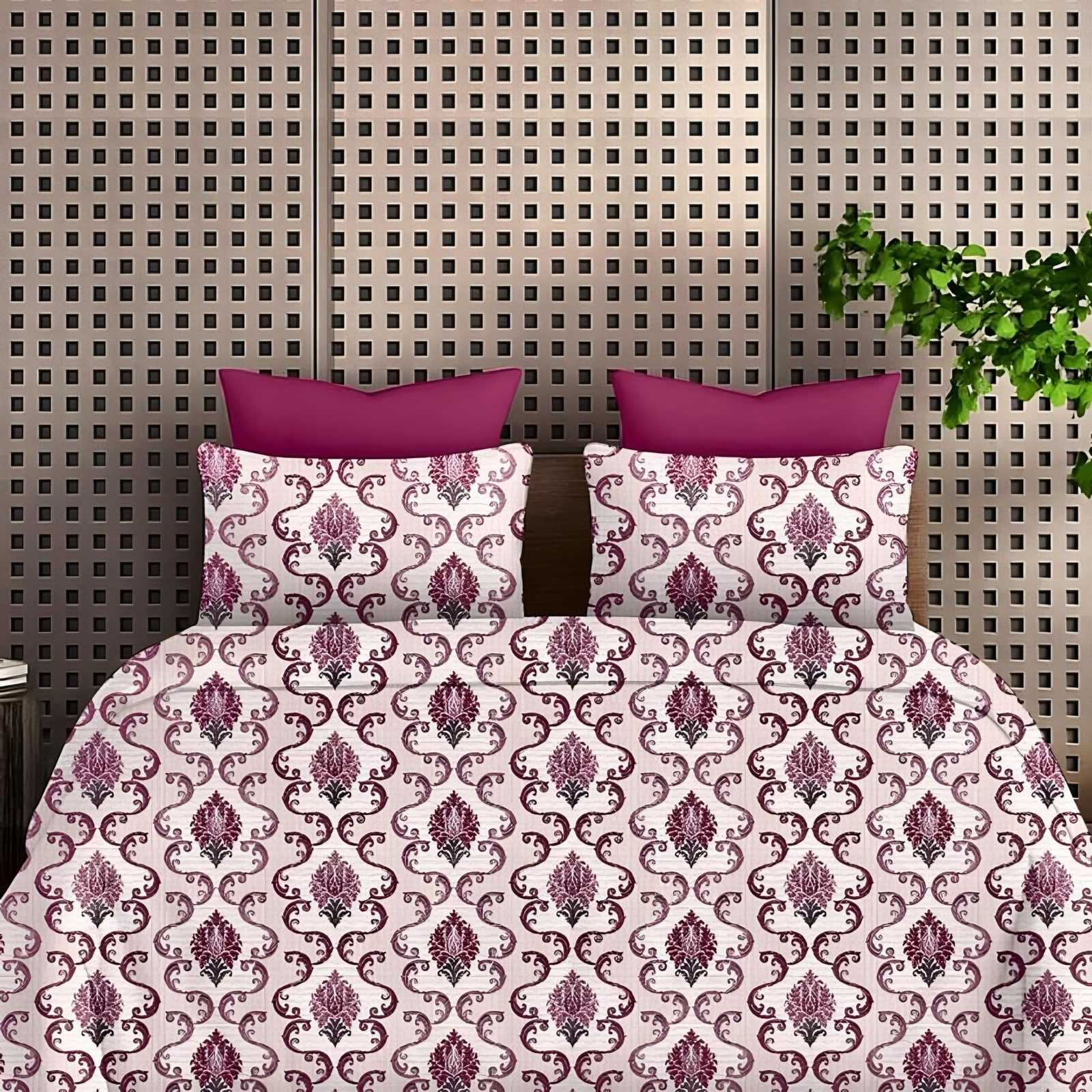 Victoria Ogee Damask Bedsheet Set in Pink (VC-02) on a made bed