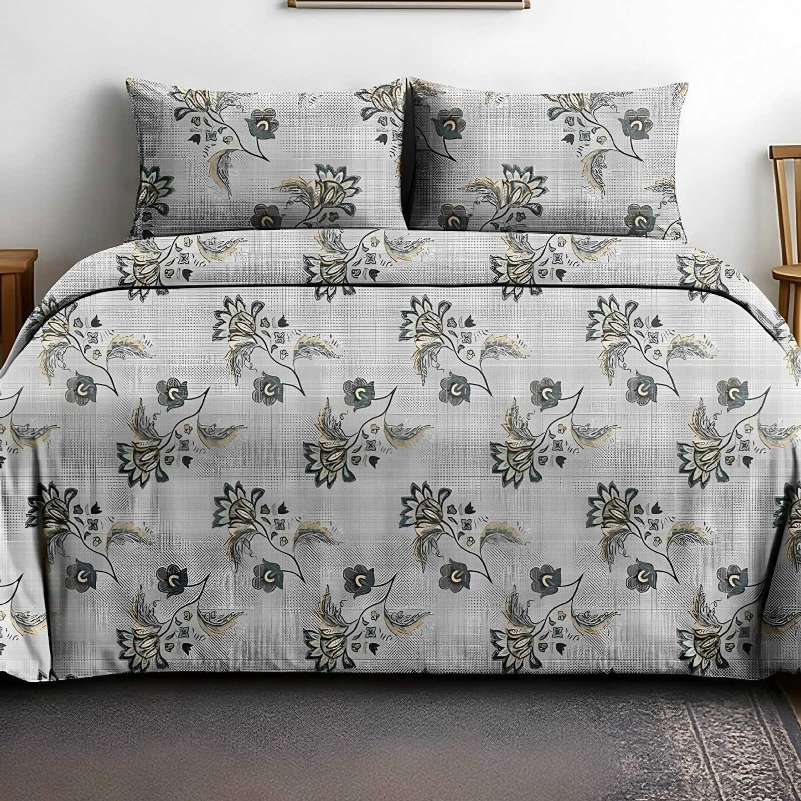 Victoria Jacobean Vine Bedsheet Set in Grey (VC-03) on a made bed