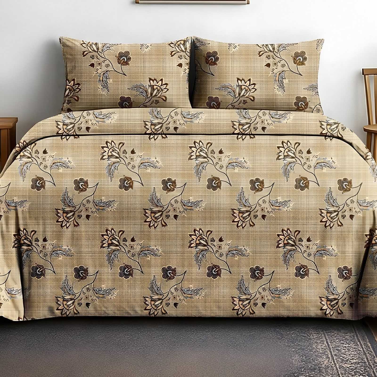Victoria Jacobean Vine Bedsheet Set in Beige (VC-04) on a made bed