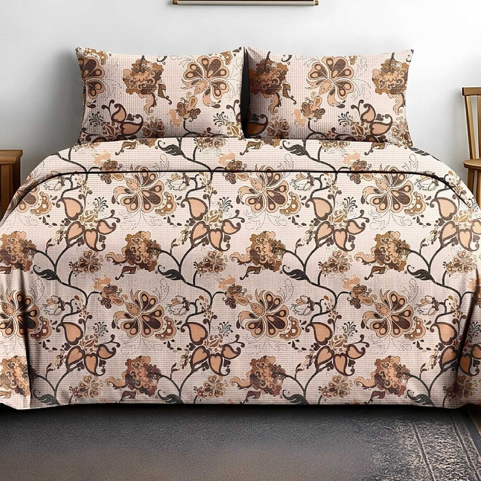 Victoria Jacobean Vine Bedsheet Set in Peach (VC-05) on a made bed