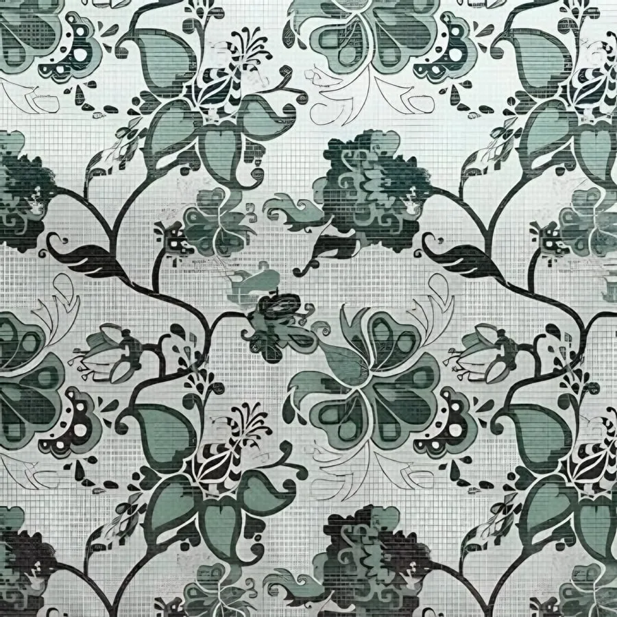 Close-up of the jacobean vine print in Sage (VC-06)