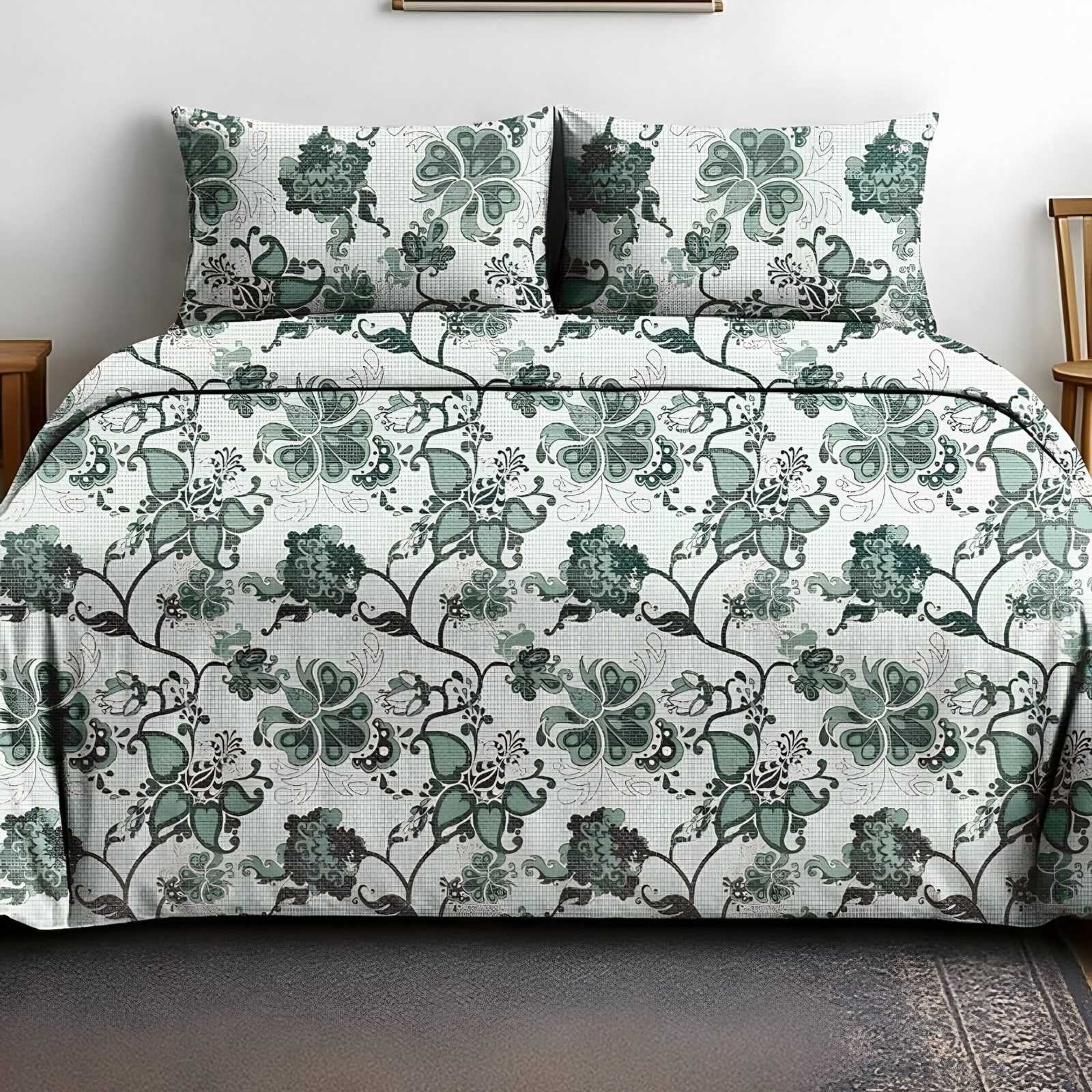 Victoria Jacobean Vine Bedsheet Set in Sage (VC-06) on a made bed