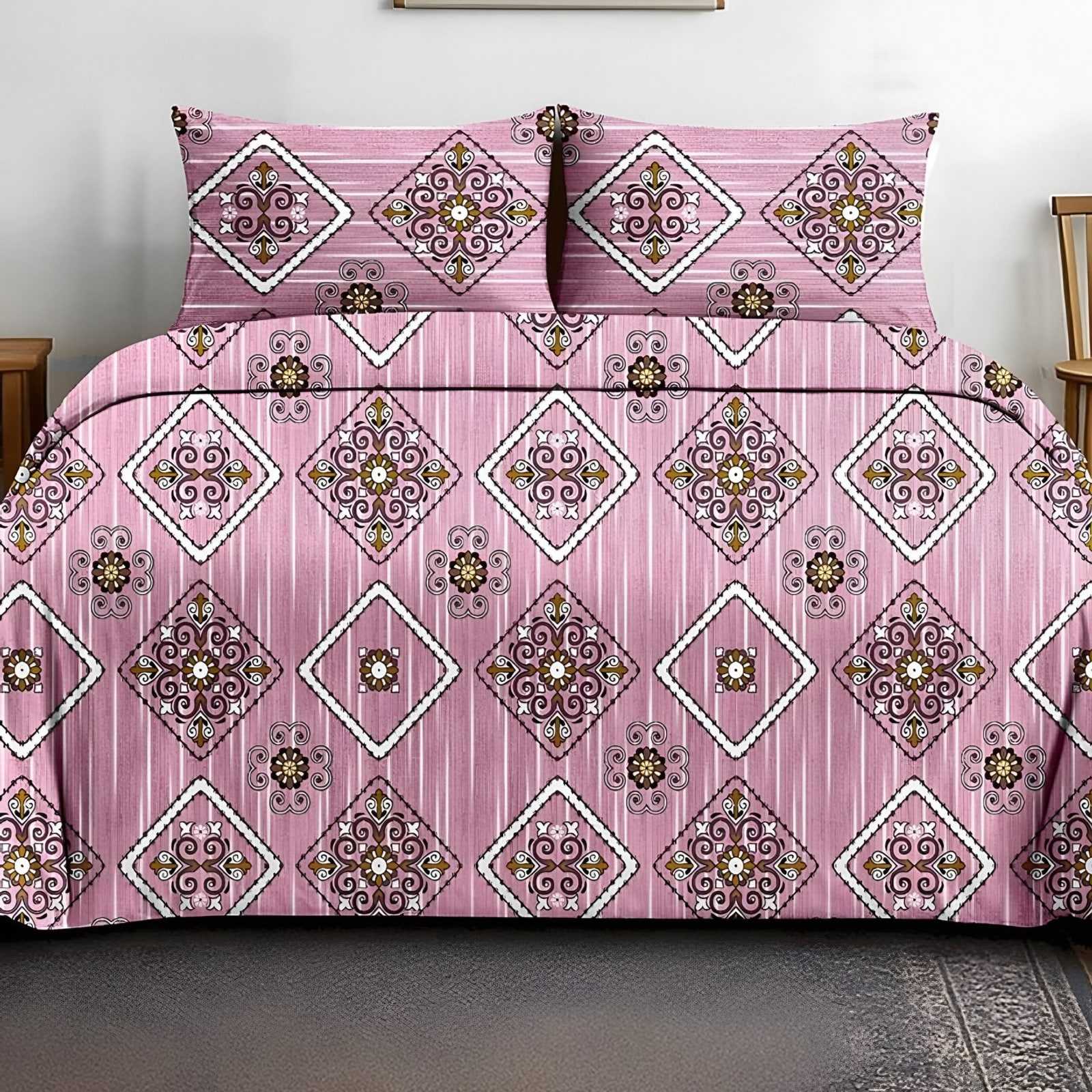 Victoria Diamond Medallion Bedsheet Set in Pink (VC-08) on a made bed