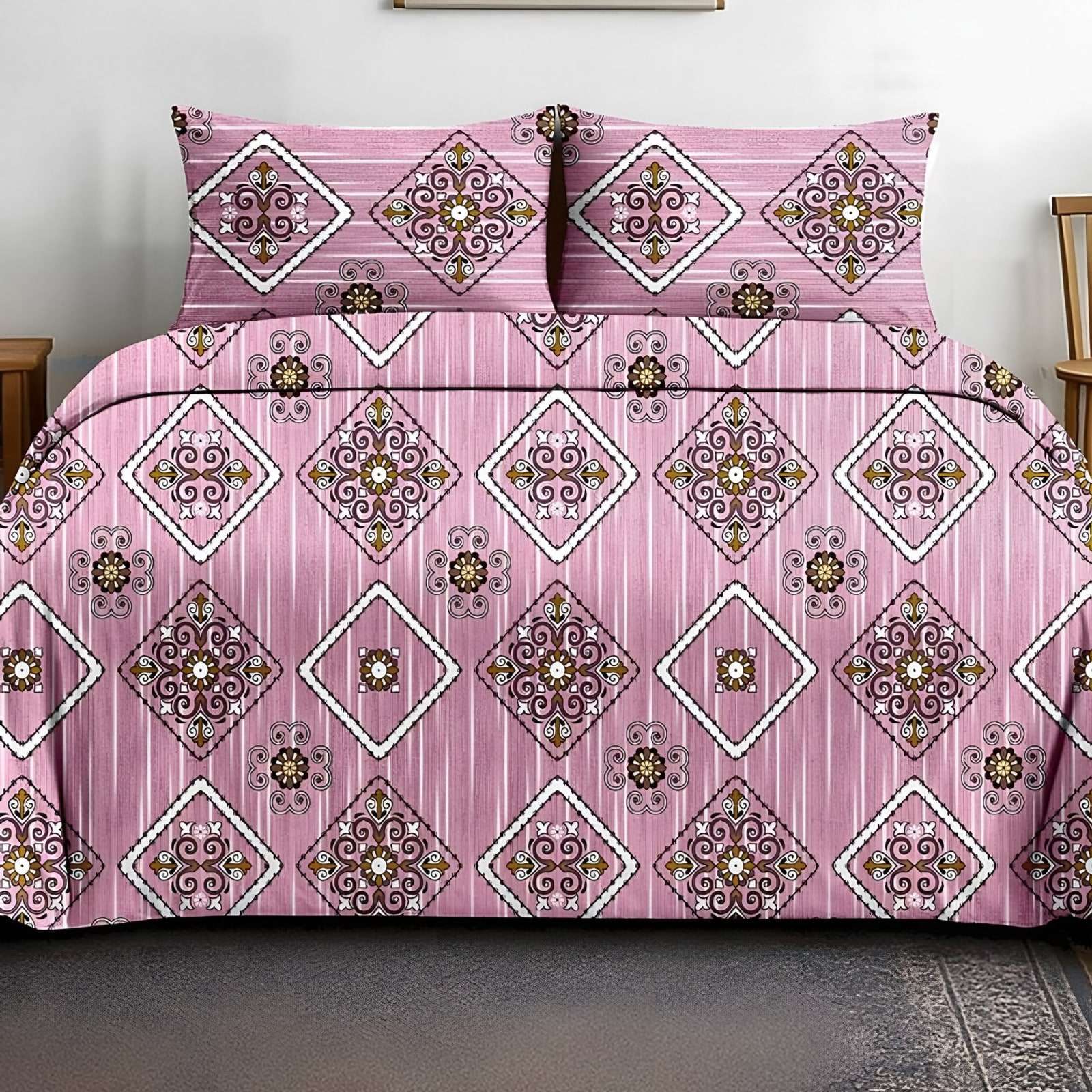Victoria Diamond Medallion Bedsheet Set in Pink (VC-08) on a made bed