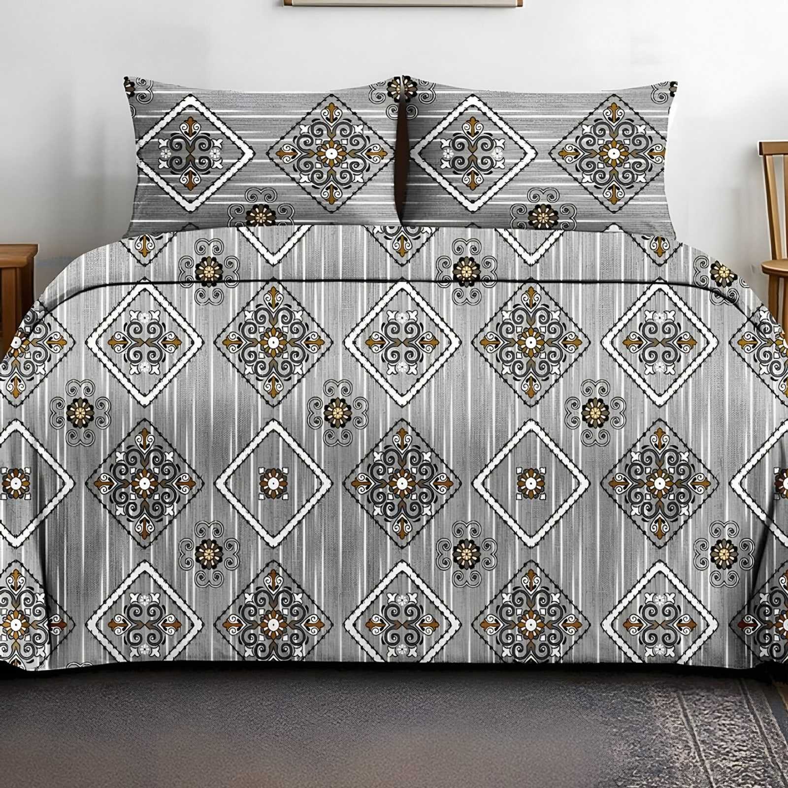 Victoria Diamond Medallion Bedsheet Set in Grey (VC-09) on a made bed