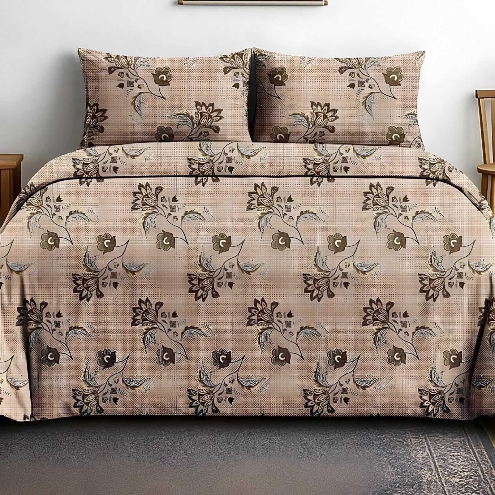 Victoria Jacobean Vine Bedsheet Set in Taupe (VC-10) on a made bed