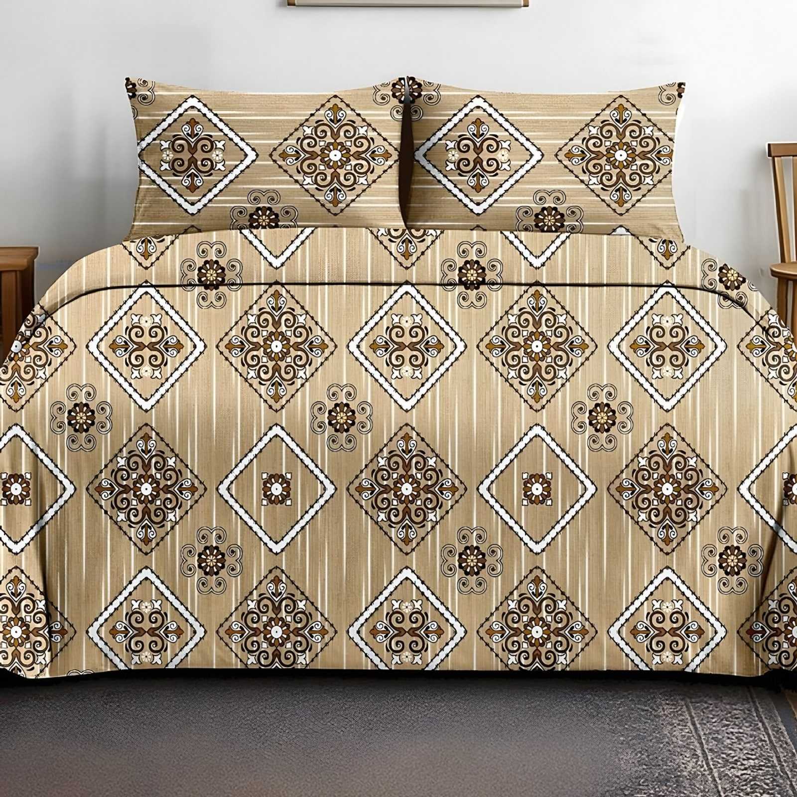 Victoria Diamond Medallion Bedsheet Set in Beige (VC-13) on a made bed
