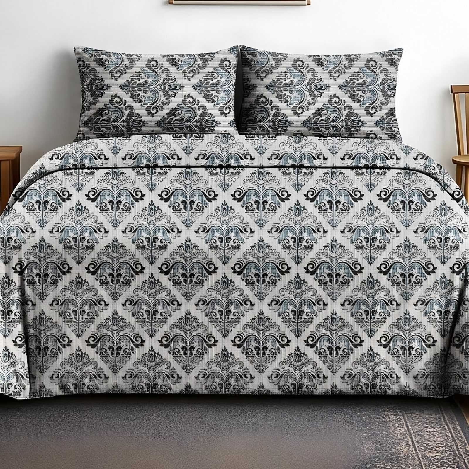 Victoria Royal Lattice Bedsheet Set in Grey (VC-14) on a made bed