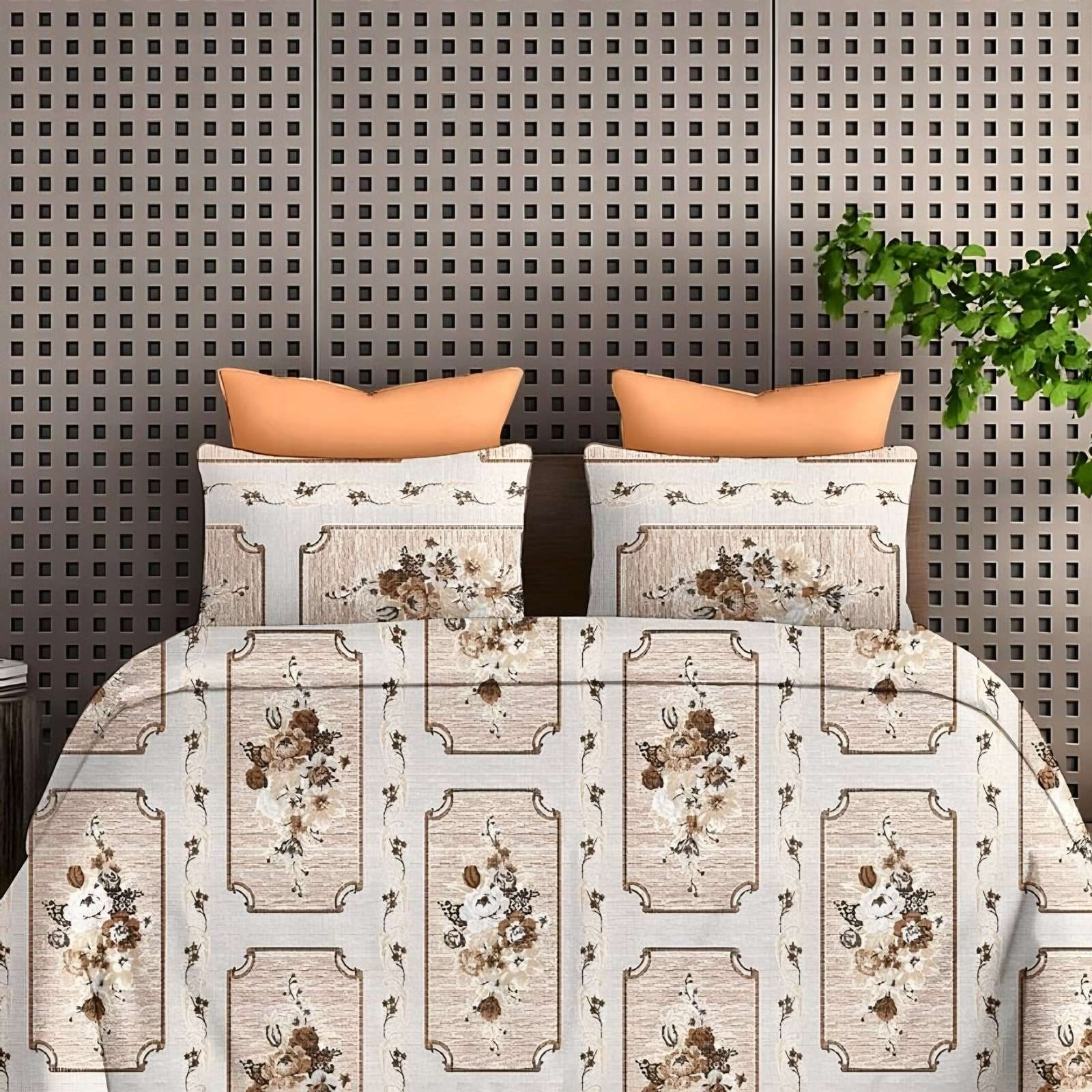 Victoria Bouquet Panel Bedsheet Set in Cream (VC-16) on a made bed
