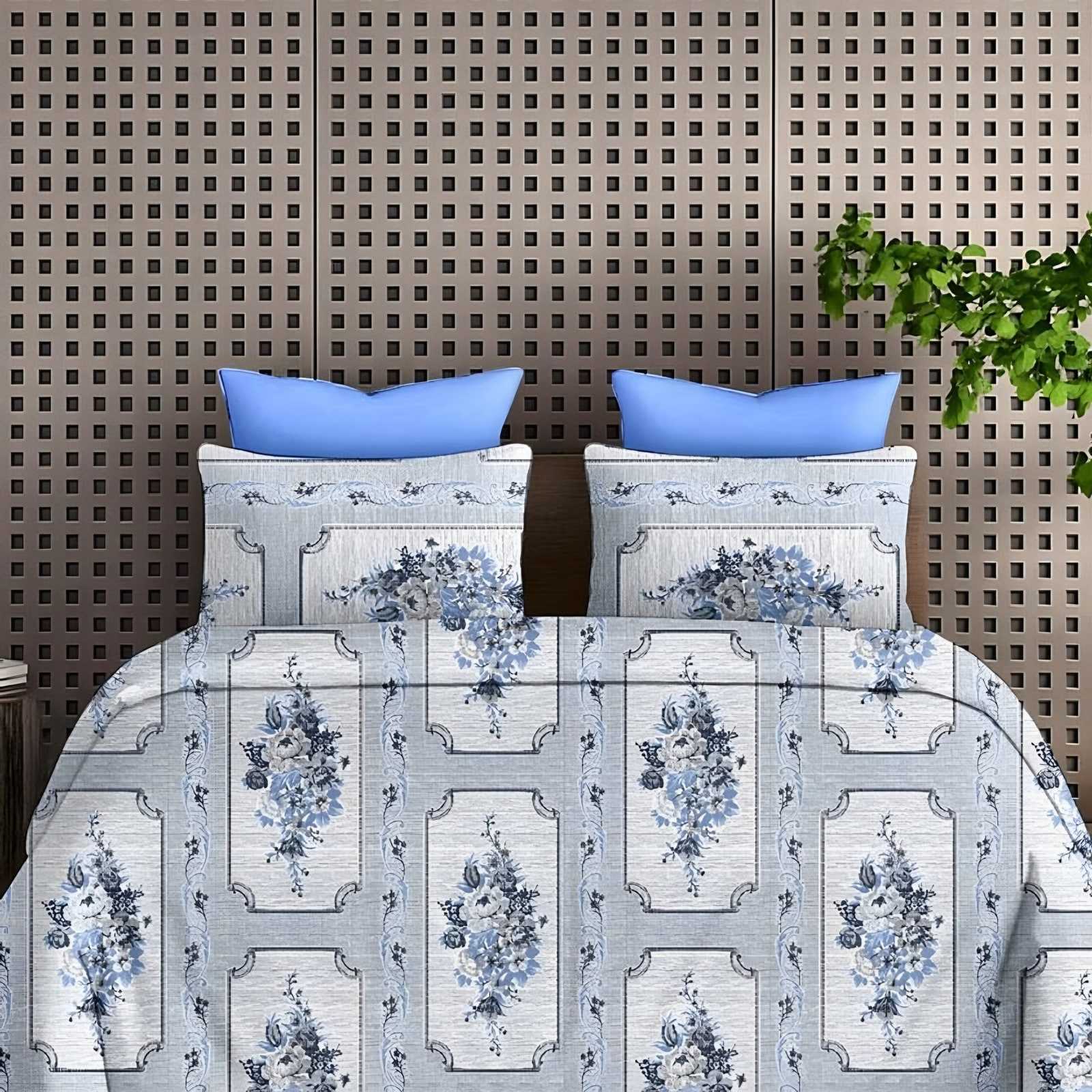 Victoria Bouquet Panel Bedsheet Set in Blue (VC-17) on a made bed