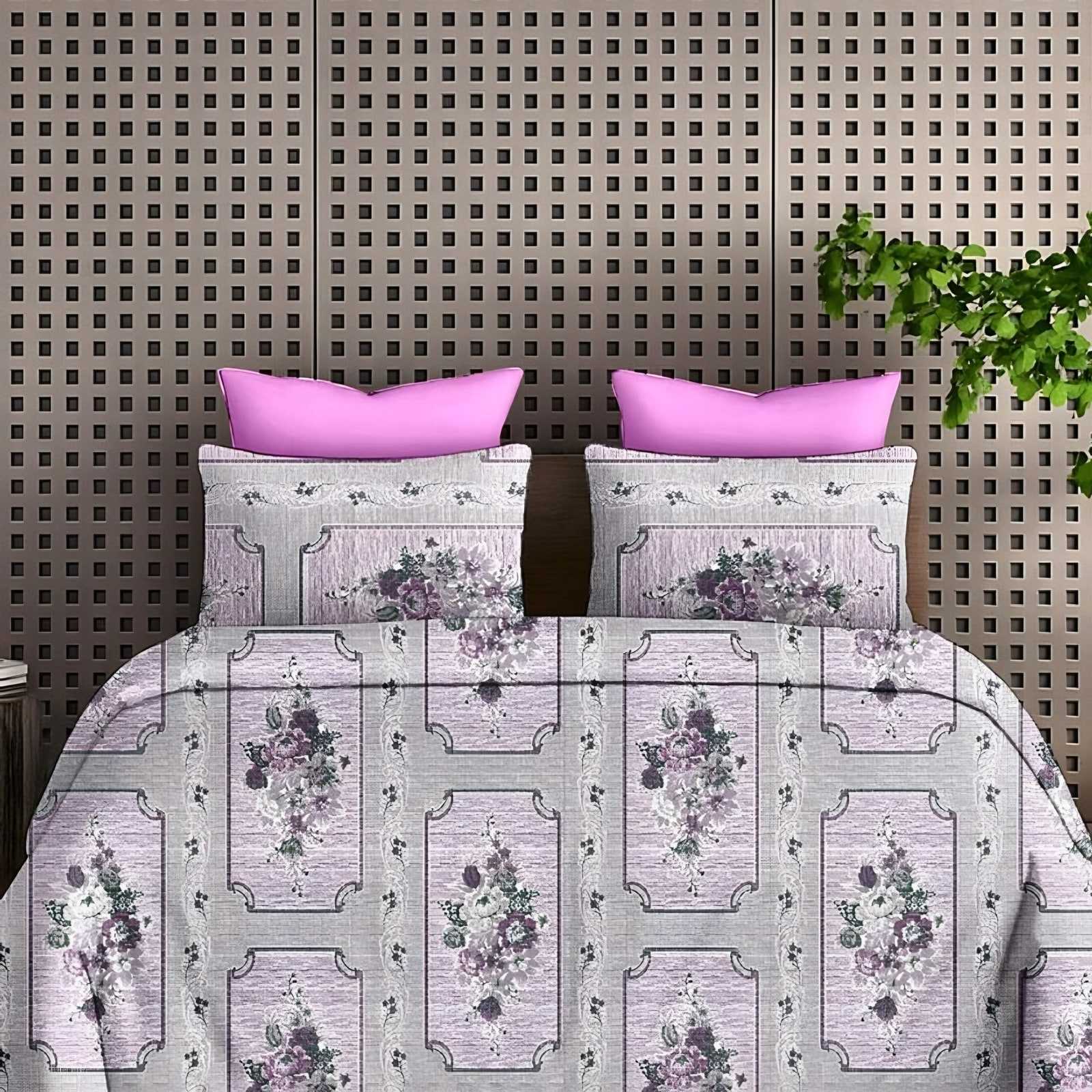 Victoria Bouquet Panel Bedsheet Set in Lilac (VC-18) on a made bed