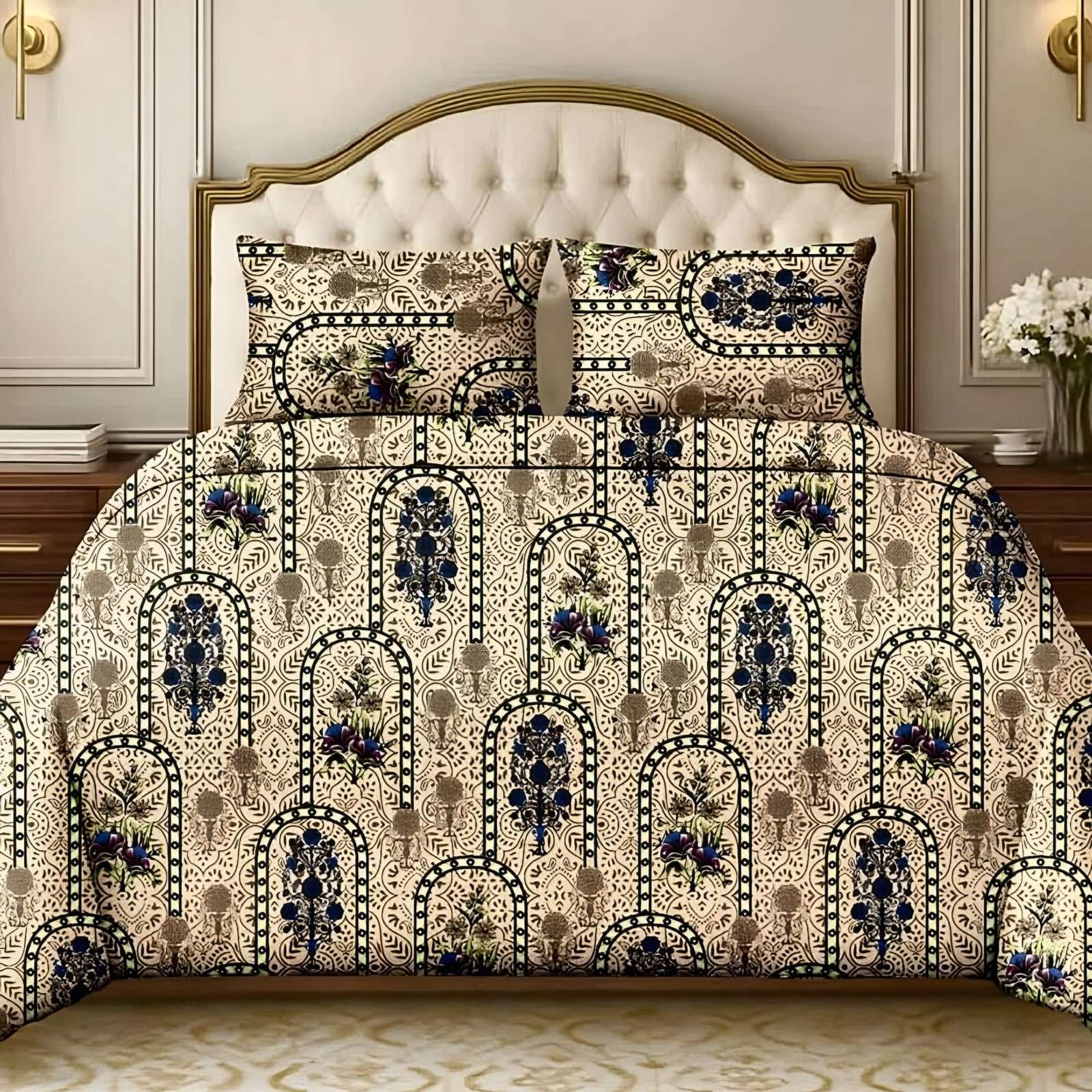 Victoria Floral Arch Bedsheet Set in Beige (VC-19) on a made bed