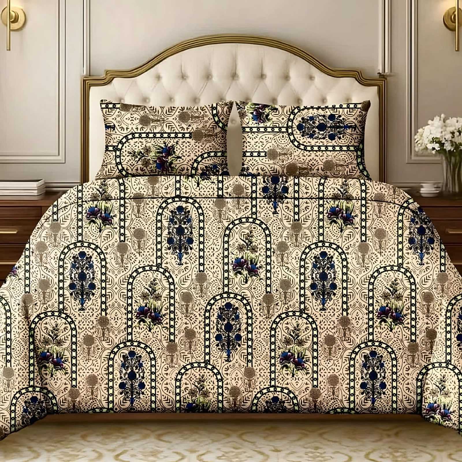 Victoria Floral Arch Bedsheet Set in Beige (VC-19) on a made bed