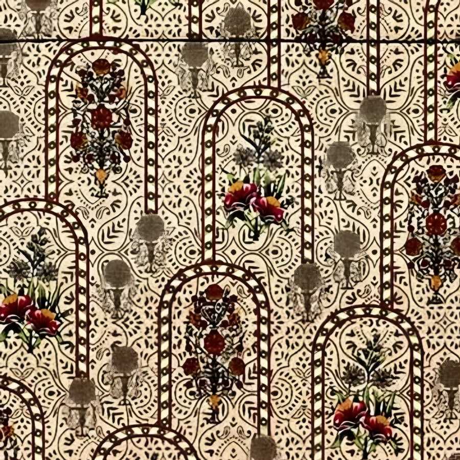 Close-up of the floral arch print in Tan (VC-24)