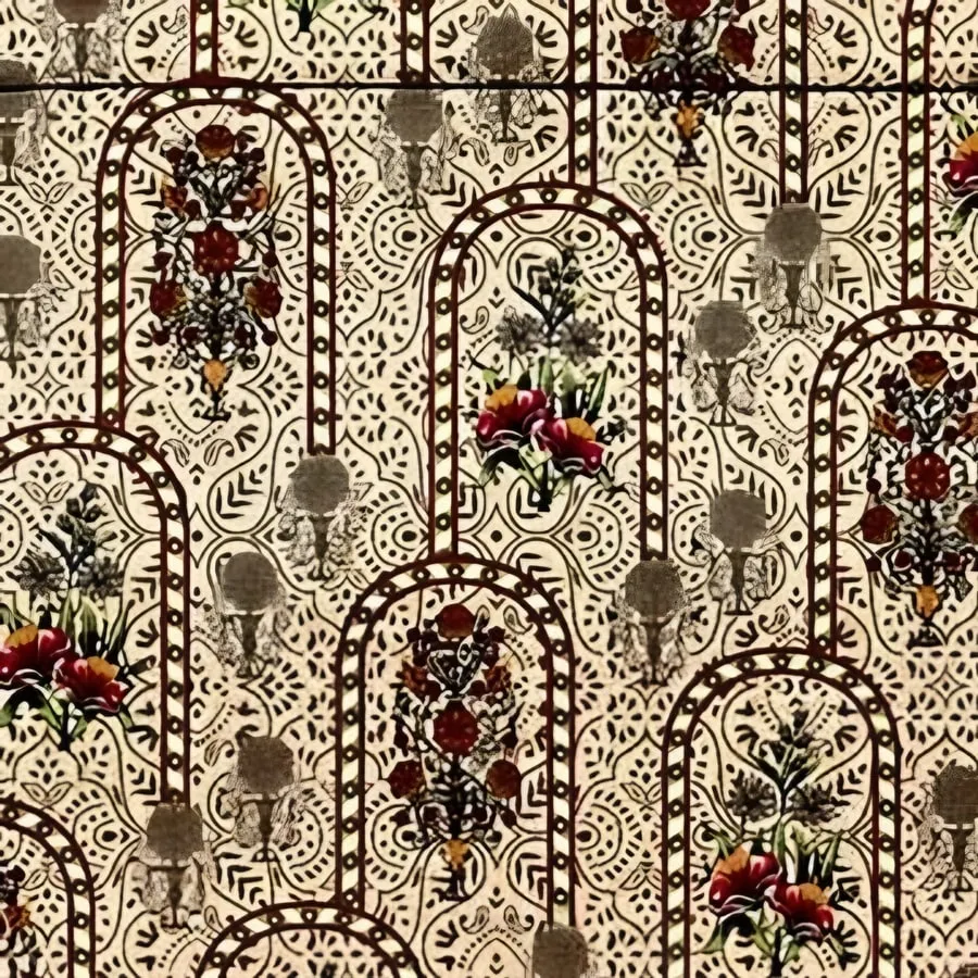 Close-up of the floral arch print in Tan (VC-24)