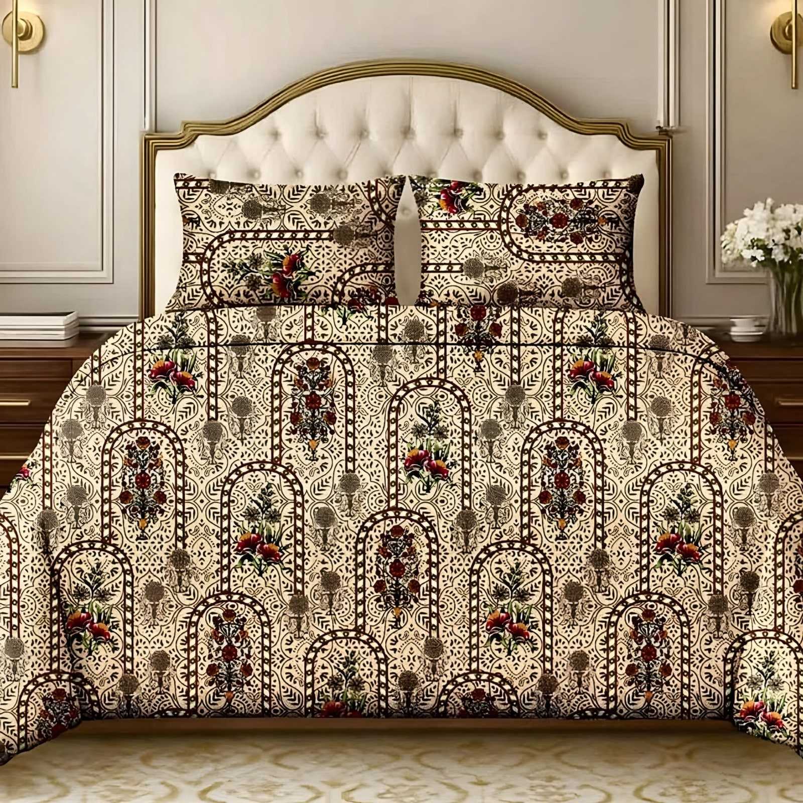 Victoria Floral Arch Bedsheet Set in Tan (VC-24) on a made bed